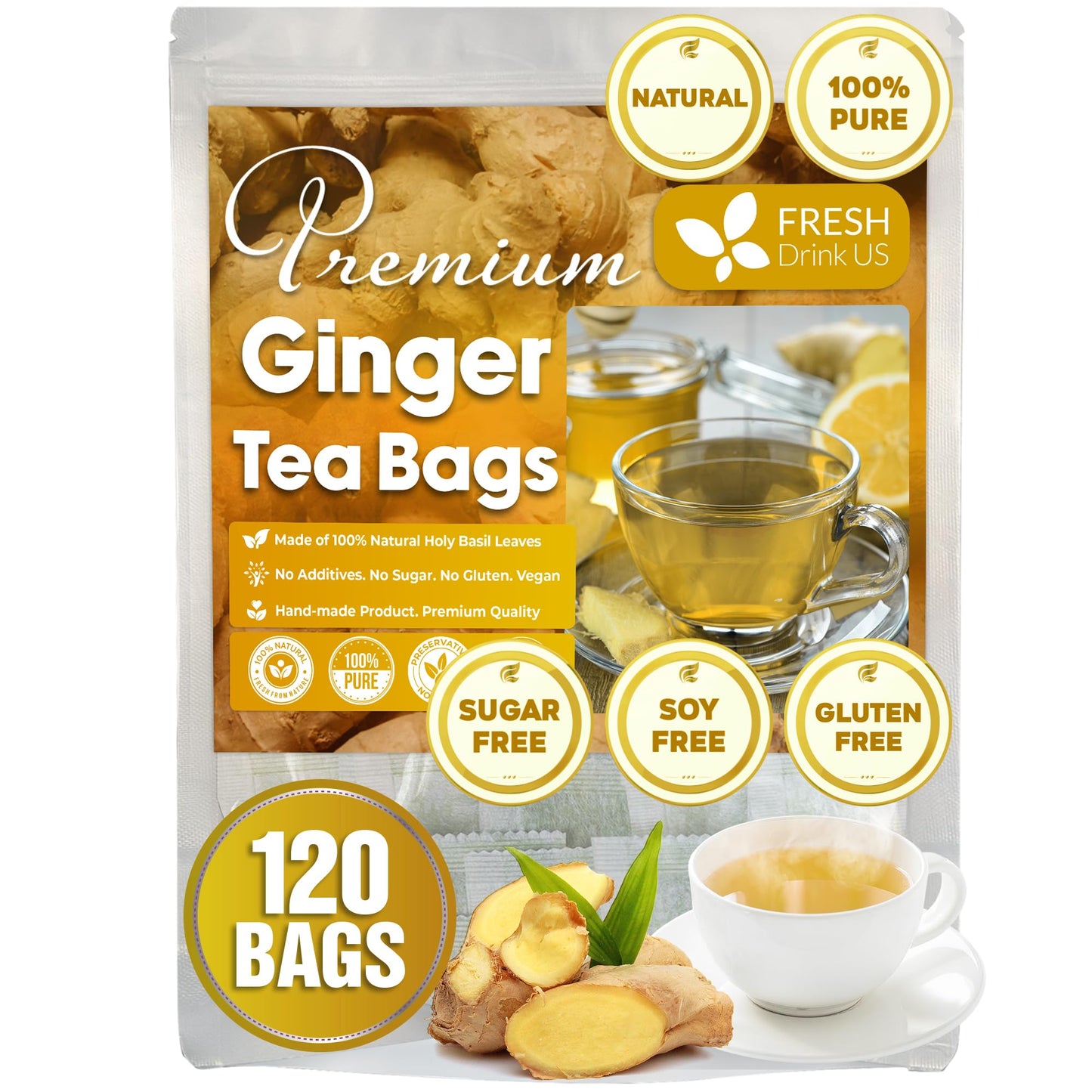 FRESHDRINKUS Ginger Tea Bags, 100% Natural Herbal Tea, No Sugar, Caffeine-Free, Vegan, 120 Count