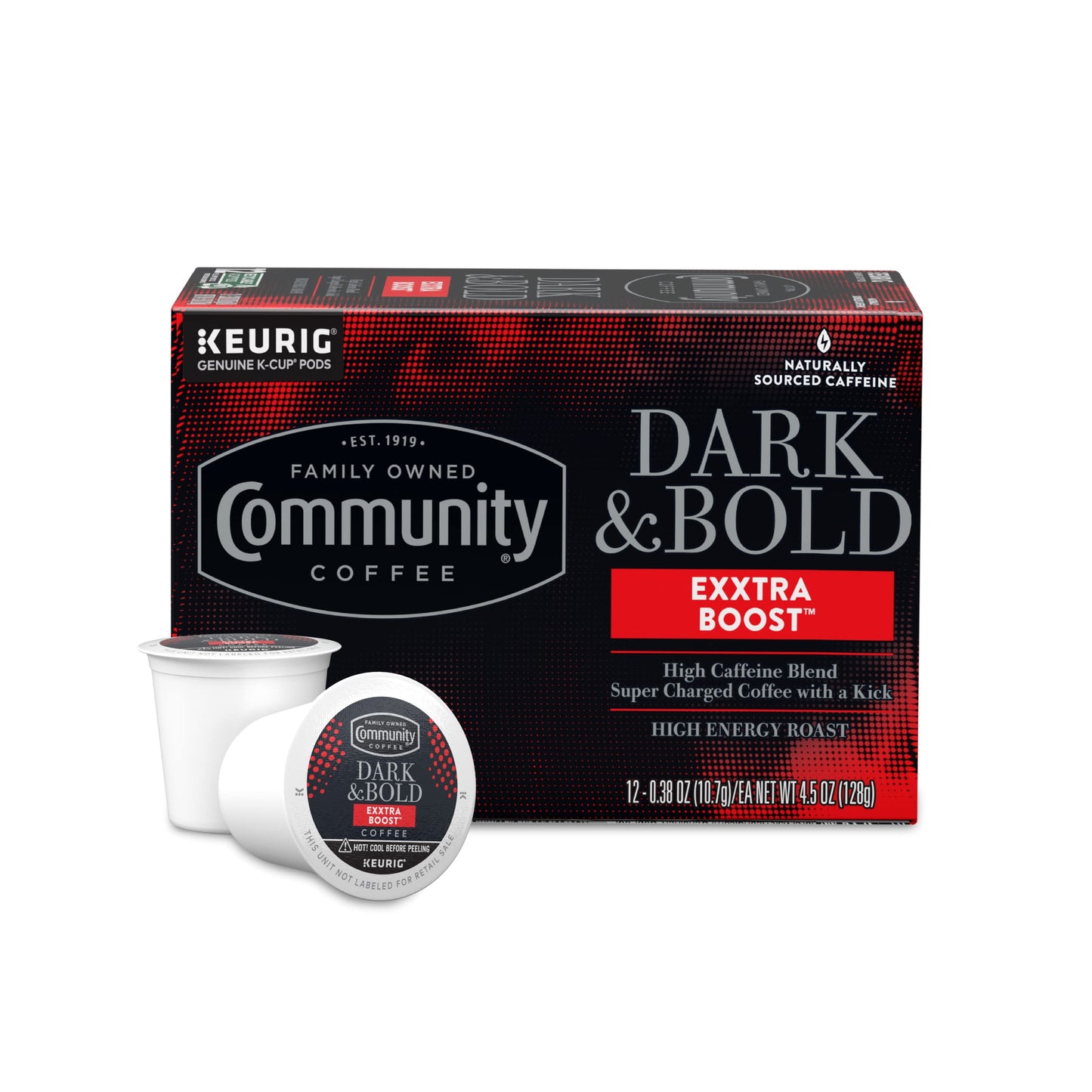 Community Coffee Dark & Bold Extra Boost Coffee Pods, Compatible with Keurig 2.0, 12 Count (Pack of 1)
