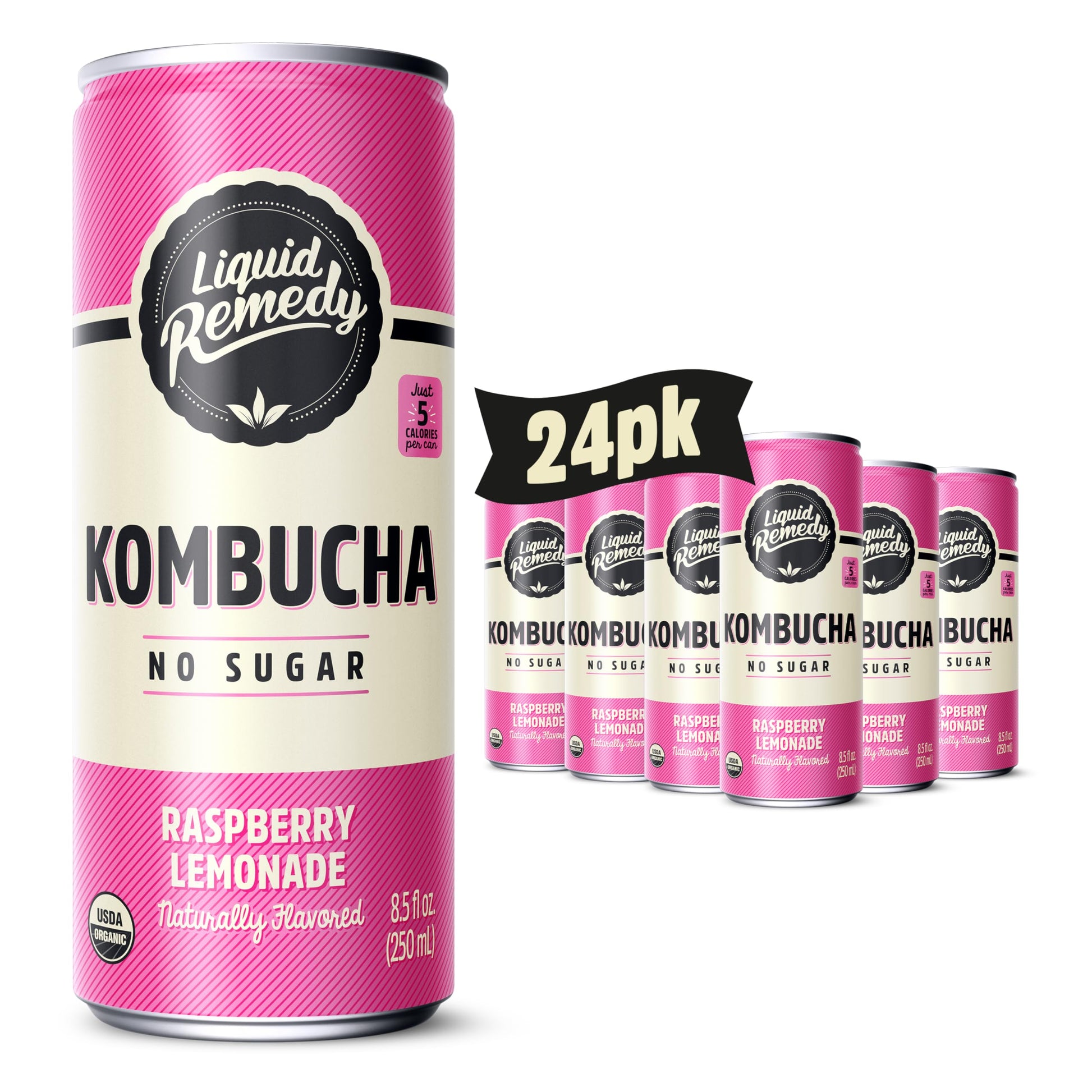 Liquid Remedy Kombucha Sugar Free Organic Drink, Low Calorie, Probiotic Like Tea For Gut Health - Raspberry Lemonade - 8.5 Fl Oz