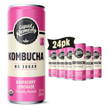 Liquid Remedy Kombucha Sugar Free Organic Drink, Low Calorie, Probiotic Like Tea For Gut Health - Raspberry Lemonade - 8.5 Fl Oz