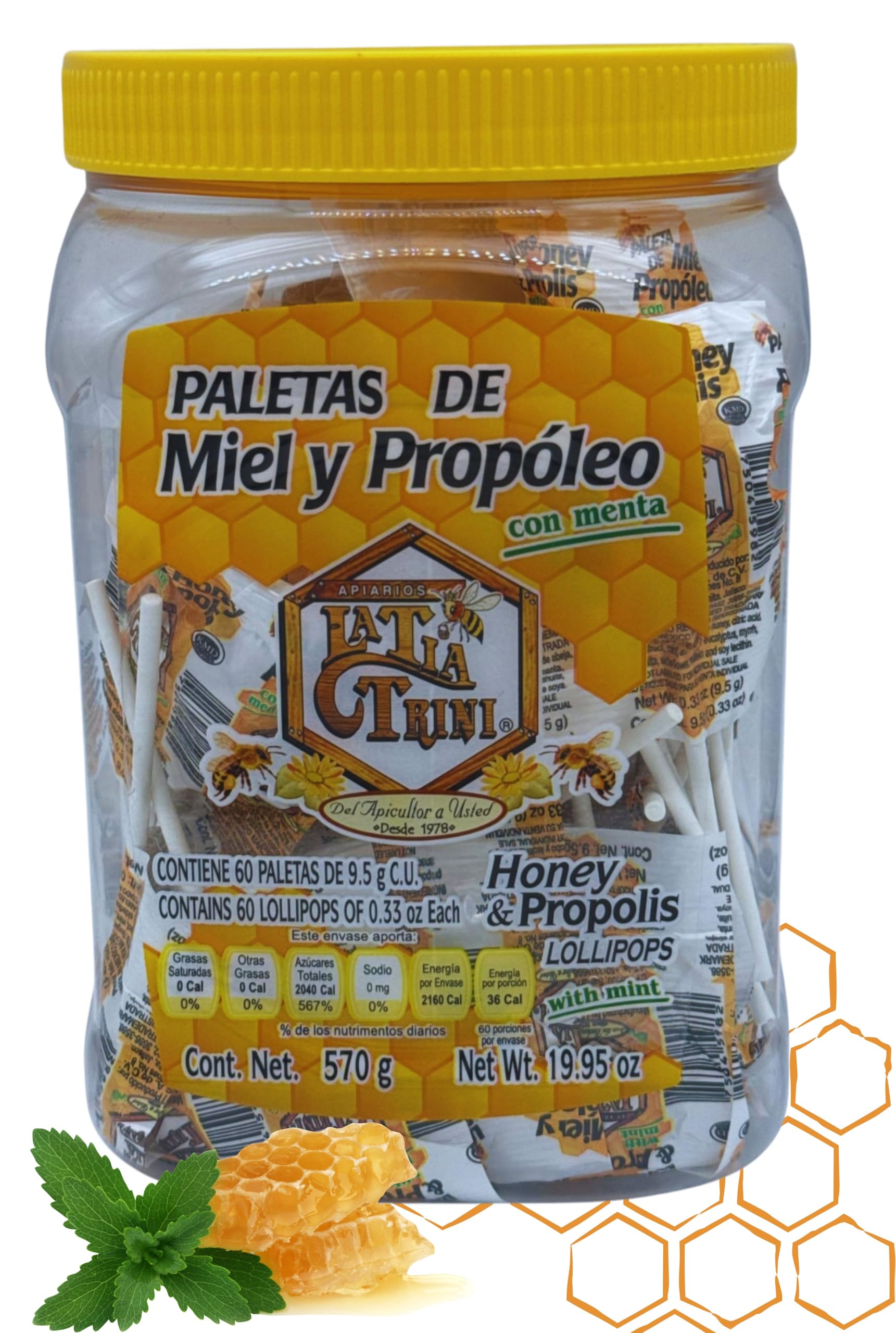 Miel y Prop  leo Paleta con Menta (Honey & Propolis Lollipops w/Mint) - 60 Count - 9.5g Each - Net Wt. 19.95 oz - La T  a Trini 
