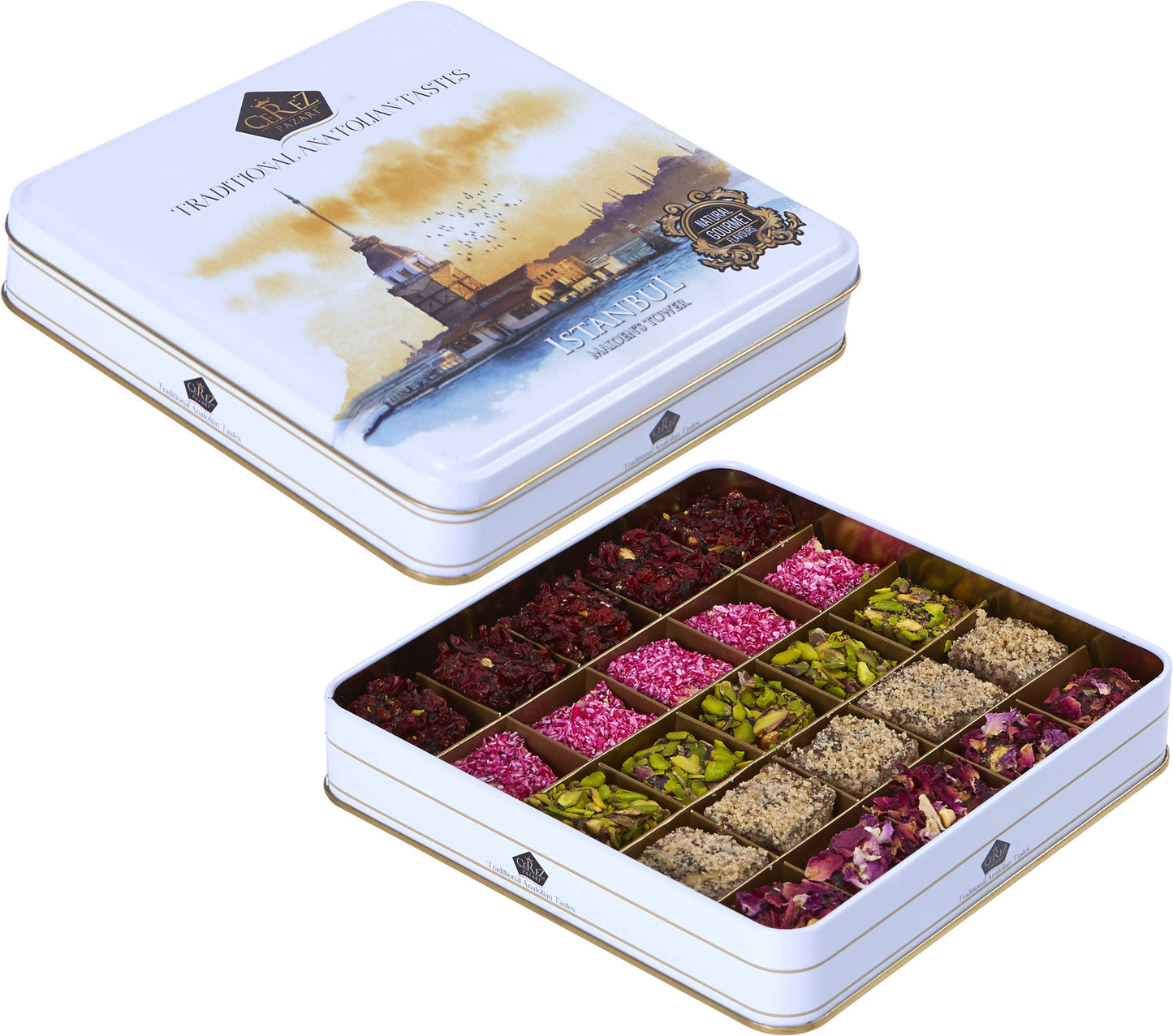 Cerez Pazari Turkish Delight With Mix Of 4 Flavours And Pistachio, Hazelnut And Walnut Assorted Gourmet Lokum (Loukoumi) In Eleg
