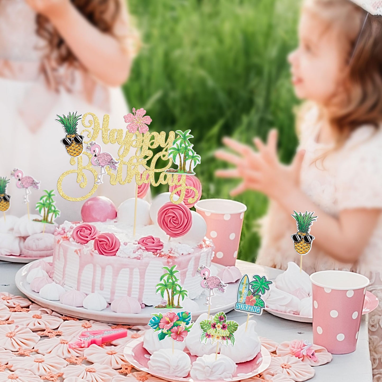 Gyufise 25Pcs Tropical Luau Cupcake Toppers With Happy Birthday Flamingo Cake Topper Palm Tree Flamingo Pineapple Aloha Cupcake