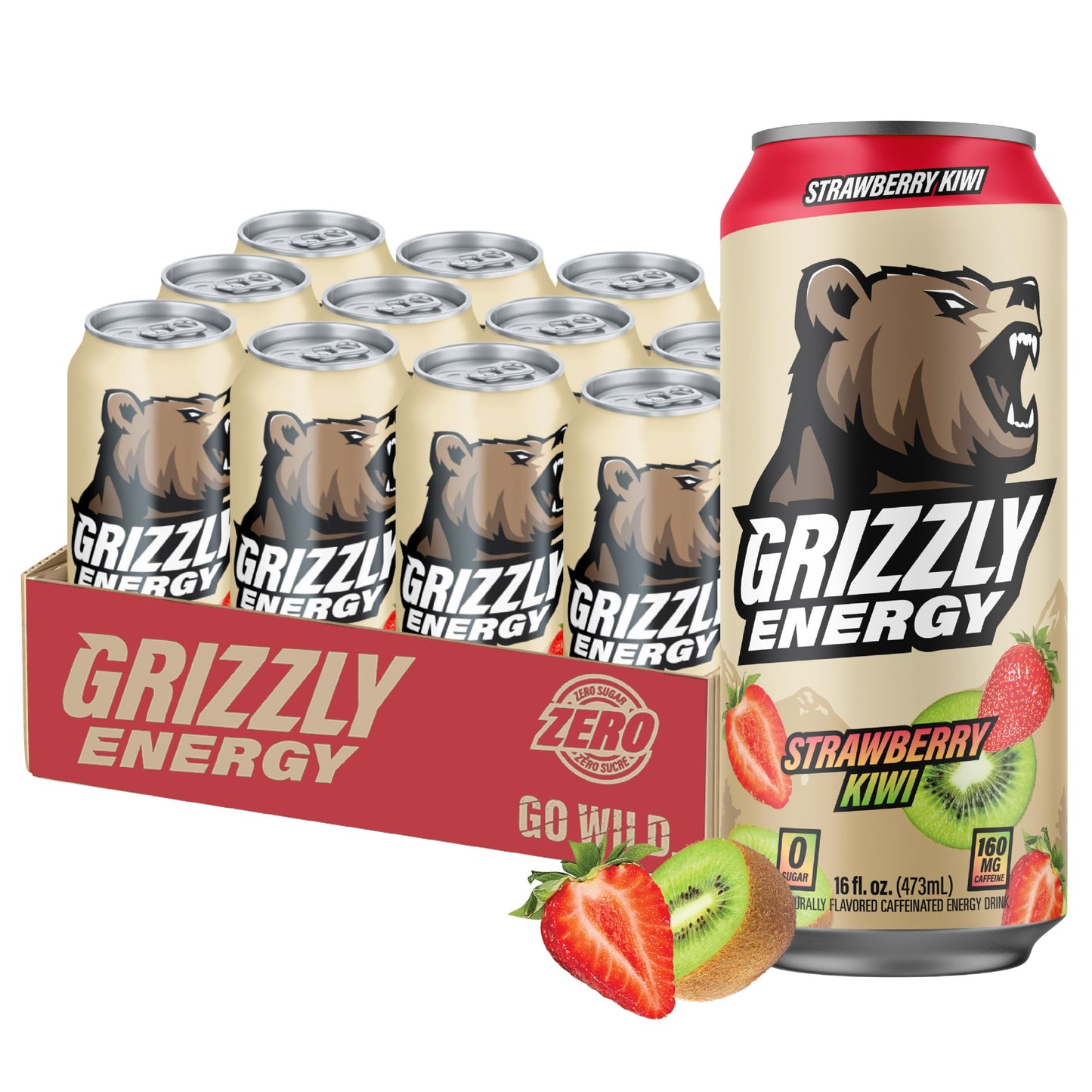 Grizzly Supplements Energy Drink Strawberry Kiwi - 10 Calories, Zero Sugar - 12 Pack (16 fl oz Cans)