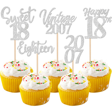 30PCS Happy 18th Birthday Cupcake Toppers Cheers to 18 Vintage 2007 Cupcake Picks Sweet 18 Eighteen 18th Birthday Decorations fo