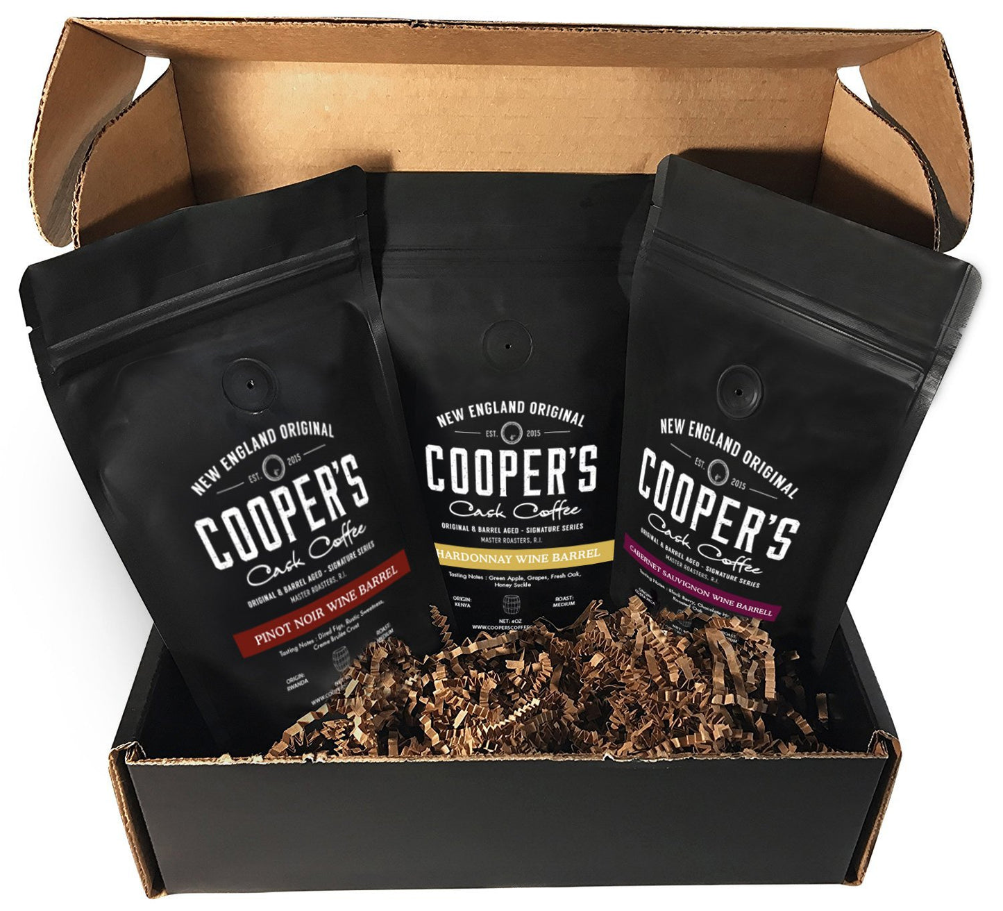 Coopers Cask Coffee Wine Barrel Aged Coffee Gift Box Set, Medium Roast Whole Bean, 12 oz Total, Brown