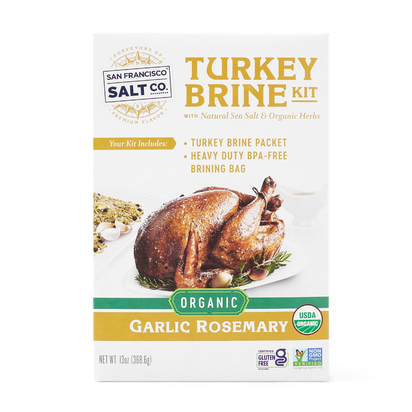 San Francisco Salt Company Organic Turkey Brine Kit - Garlic Rosemary, 13 oz, BPA-Free Brine Bag for Whole or Smoked Turkey