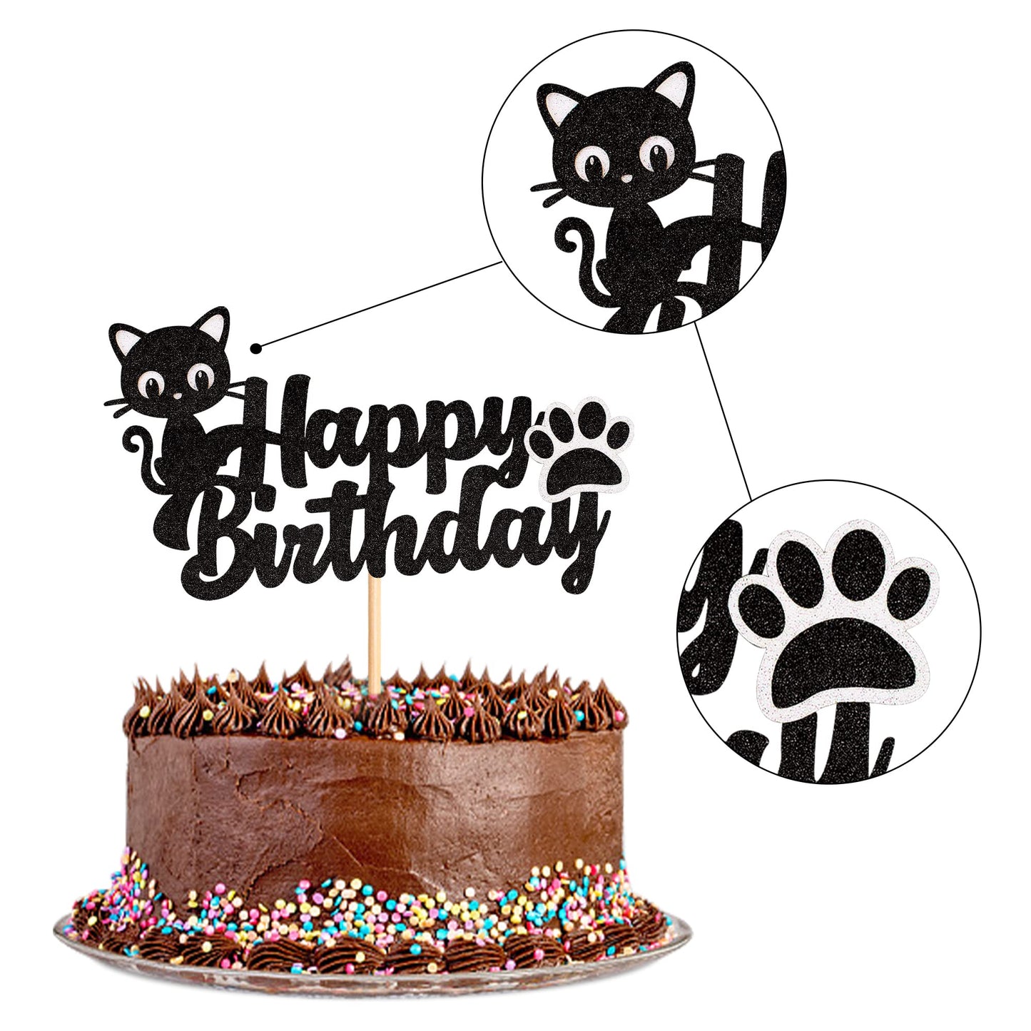 Cyodoos 1Pc Cat Cake Topper Black Glitter Kitten Baby Birthday Cake Picks For Cat Lover Kitten Theme Baby Shower Kids Birthday W