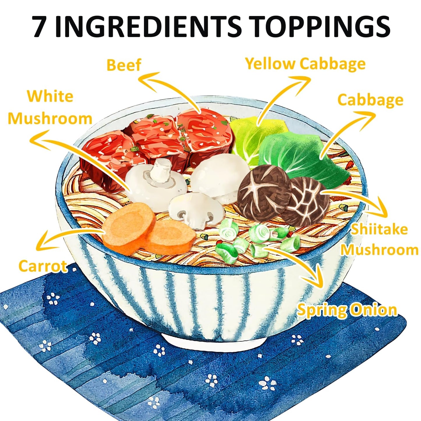Yimi Ramen Toppings, Dried Beef Flavor, 7 Different Toppings - Dehydrated Vegetables | Freeze Dried Shiitake Mushrooms | Cabbage | Spring Onion, Ramen Toppers Add Flavor To Instant Noodles, Ideal For Gift