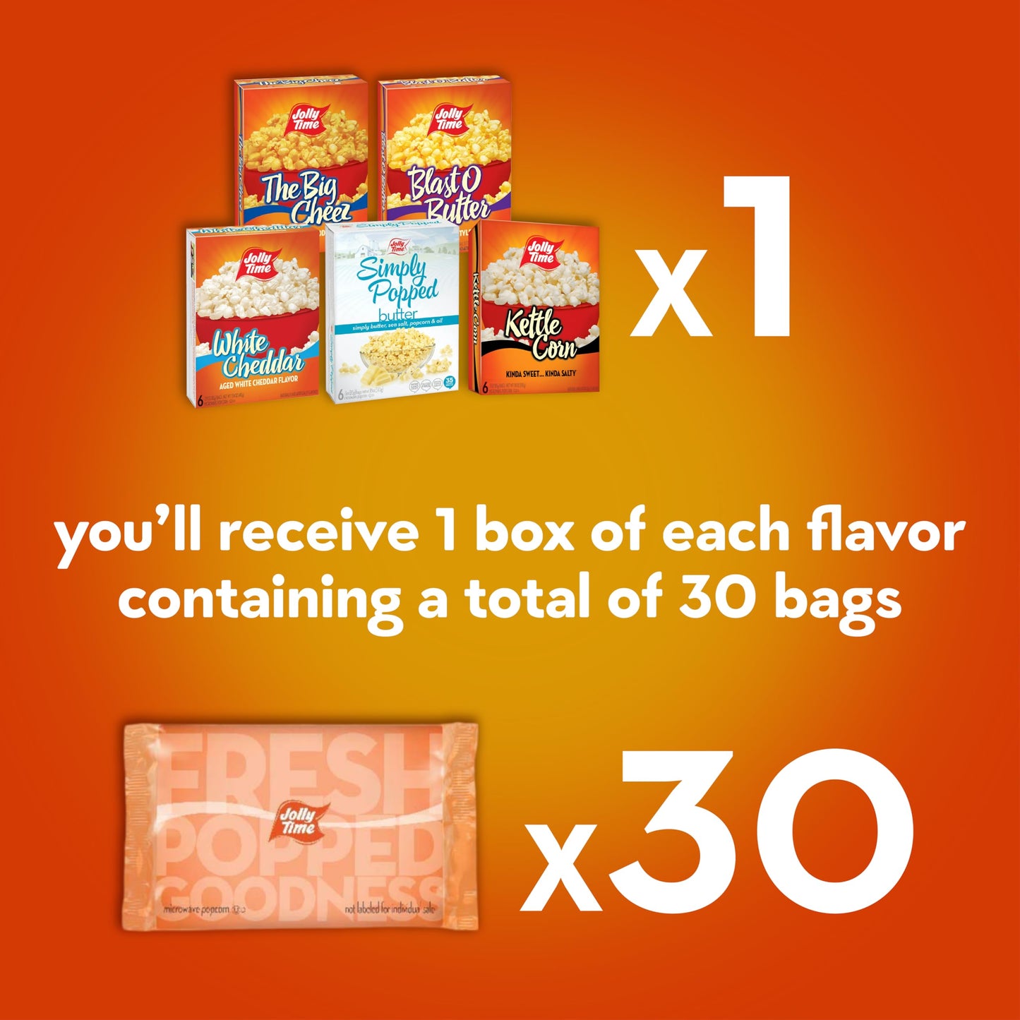 Jolly Time Microwave Popcorn Variety Pack - 6 Bags (3 oz each) - Blast O Butter, The Big Cheez, Kettle Corn, White Cheddar, Simply Popped Butter