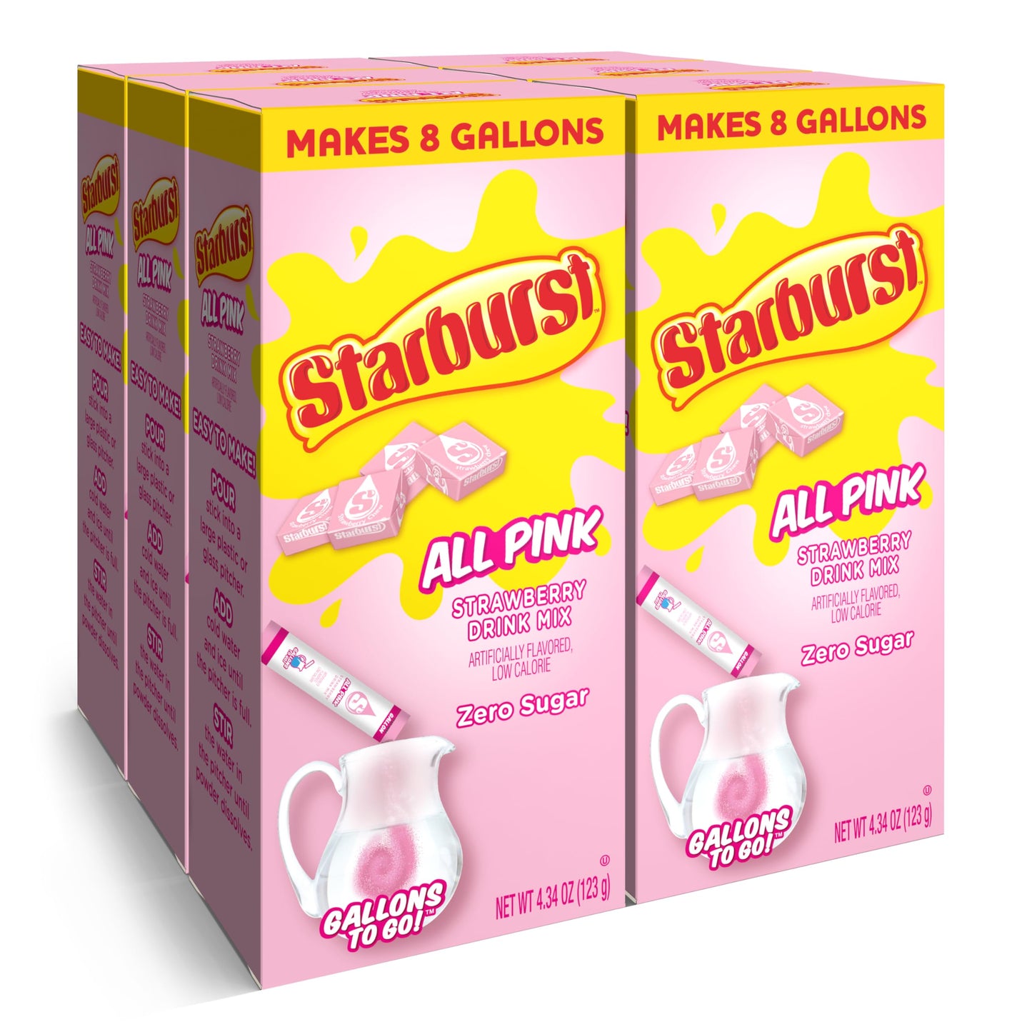 Starburst Gallons To Go Powdered Drink Mix  8-Count Box (6 Pack)  All Pink Strawberry - Low Calorie and Zero Sugar Drink Mix  Each Stick Makes 1 Gallon-Sized Pitcher