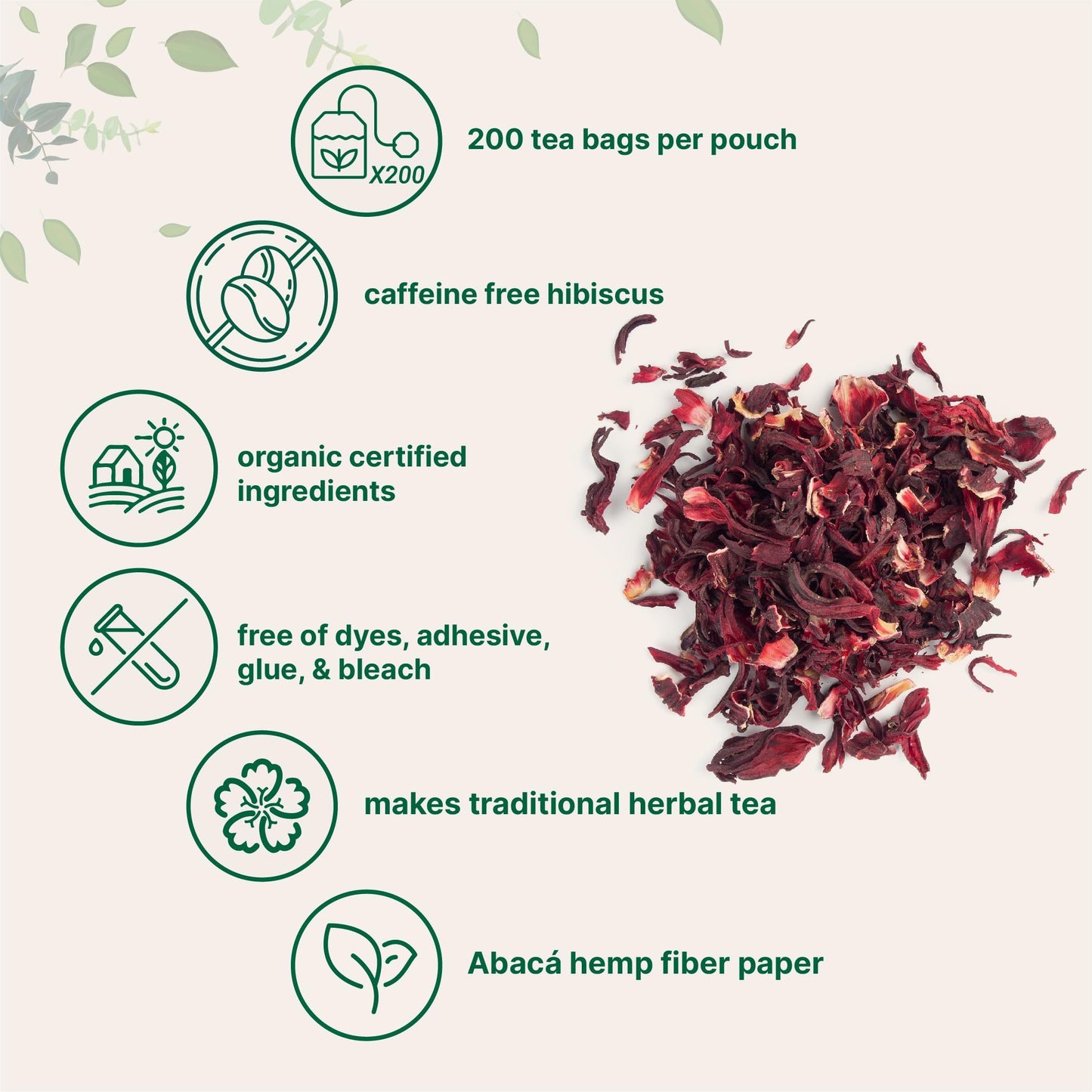 Organic Hibiscus Tea Bags, 200 Count | Enhanced Source From Hibiscus Flowers | Caffeine Free Herbal Tea | Eco-Friendly Hemp Paper Tea Bags | Non-Gmo, No Sugar