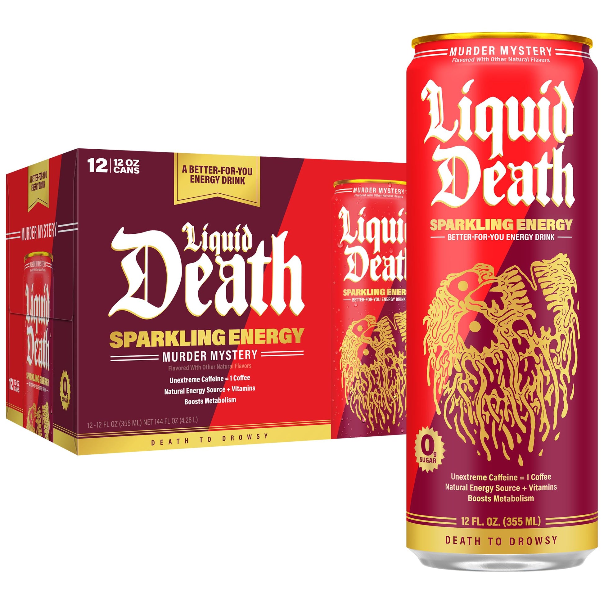 Liquid Death Sparkling Energy - Murder Mystery (Cherry Vanilla and Spice Flavor)  Sugar-Free Energy Drink  Unextreme Caffeine 100mg  Essential Vitamins  12 Fl Oz (Pack of 12)