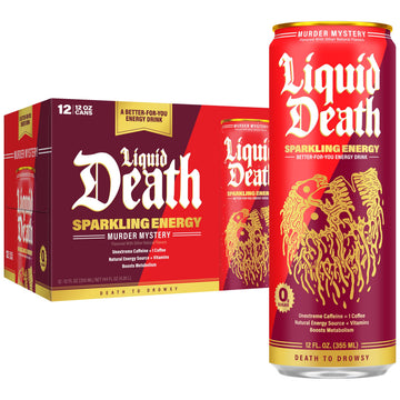 Liquid Death Sparkling Energy - Murder Mystery (Cherry Vanilla and Spice Flavor)  Sugar-Free Energy Drink  Unextreme Caffeine 100mg  Essential Vitamins  12 Fl Oz (Pack of 12)