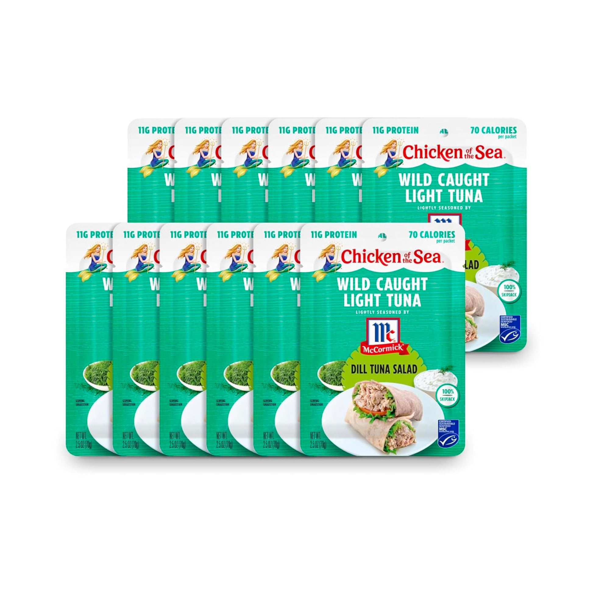 Chicken of the Sea Wild Caught Light Tuna, 2.5 oz. Packets (Box of 12), Lightly Seasoned Dill Tuna Salad