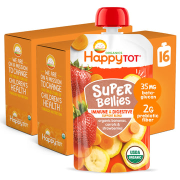 Happy Tot Organics Stage 4 Baby Food Pouches, Gluten Free, Vegan Snack, Super Bellies, Fruit & Veggie Puree, Banana, Carrot & St