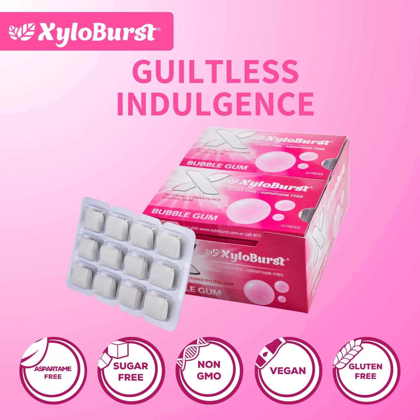 Xyloburst Xylitol Chewing Gum, Sugar Free, Gluten Free, Keto Friendly, Pink, Small, Pack of 12, 12 Pieces