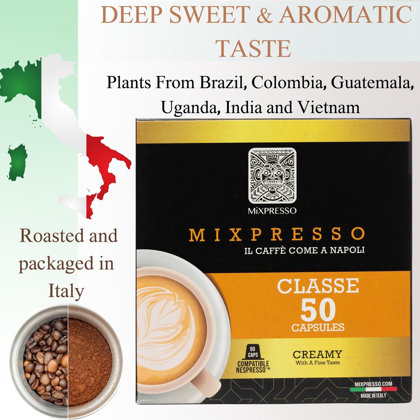 Mixpresso Espresso compact pieces Compatible with Nespresso, Medium Roast 80% Arabica, 50 Count, C1CLA50, Coffee Color