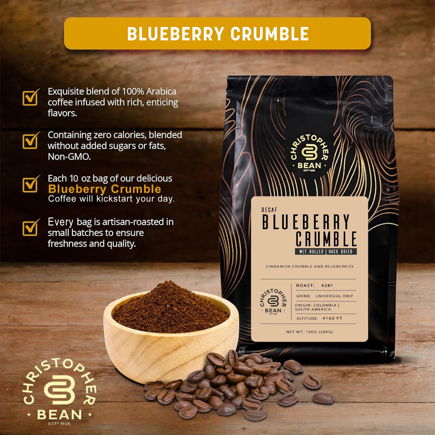 Christopher Bean Coffee - Certified Kosher - Decaf Ground Universal Drip Blueberry Crumble Flavored Coffee| Flavored Coffee With Medium Roast 100% Arabica, No Sugar, No Fats, Non-Gmo | 10-Ounce