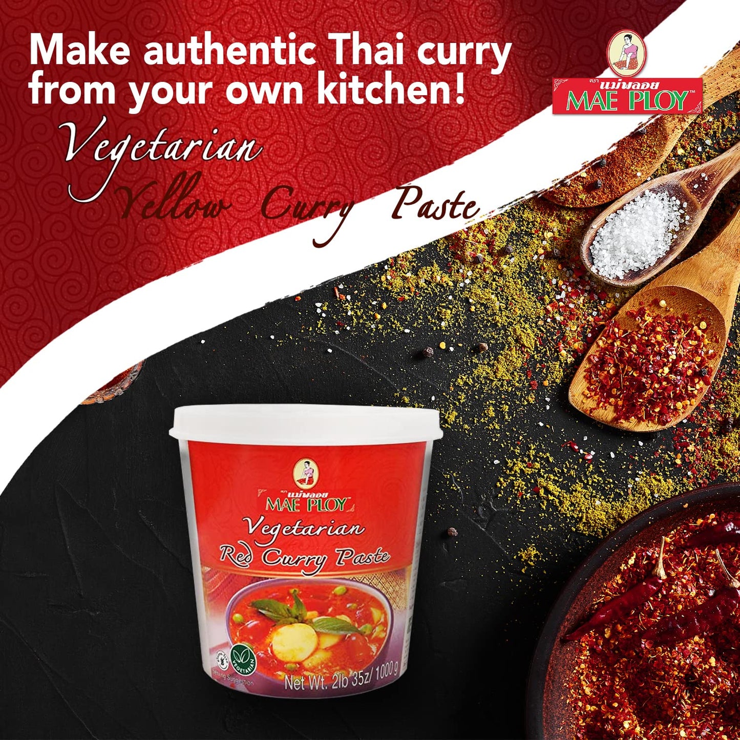 Mae Ploy Vegetarian Red Curry Paste, Authentic Thai Spices, 35 oz Tub, No MSG, Preservatives, or Artificial Coloring, 2.18 lb