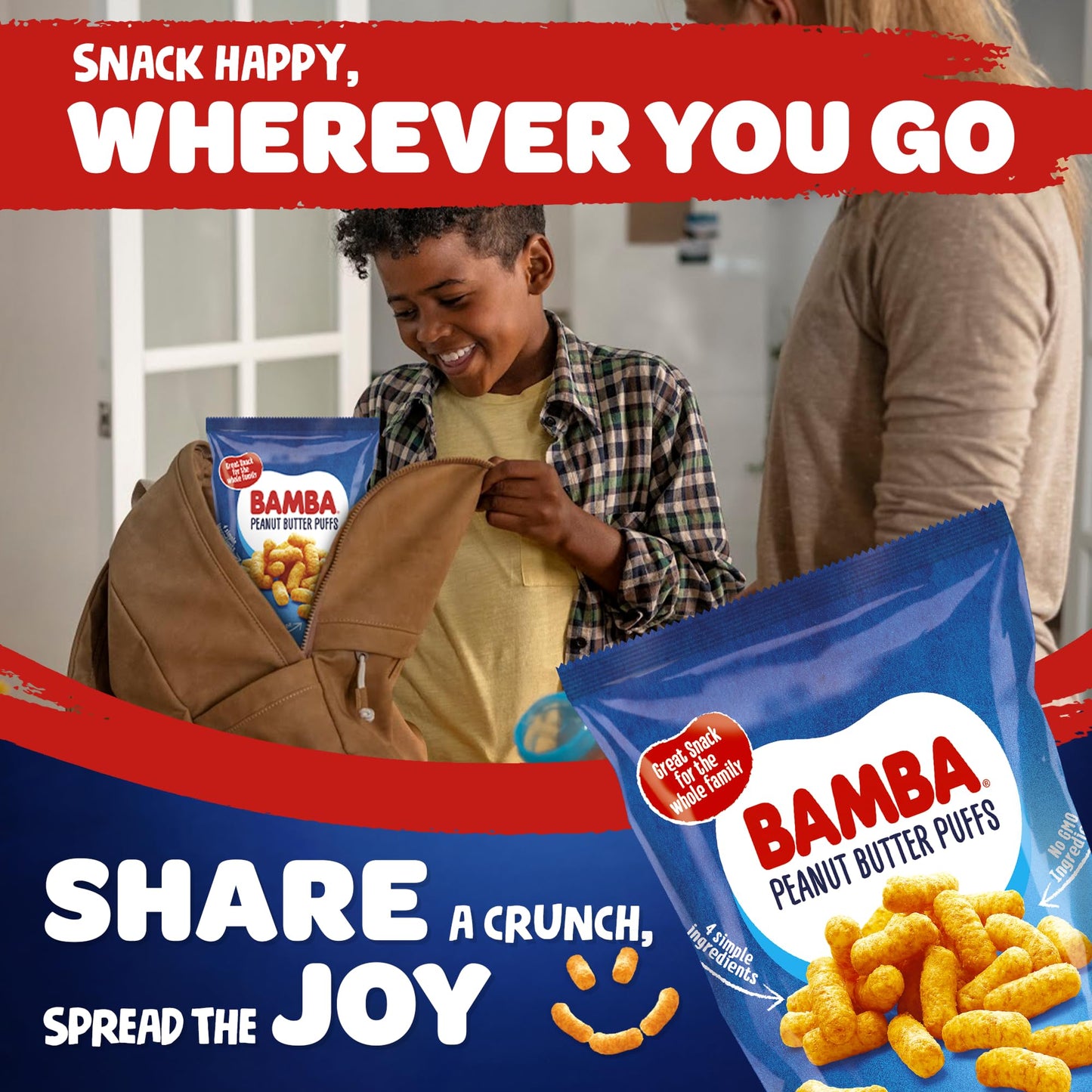 Gratify Bamba Peanut Butter Snacks for Families - All Natural Peanut Butter Corn Puffs Snacks ( 24 pack 0.7oz bags) - Made with