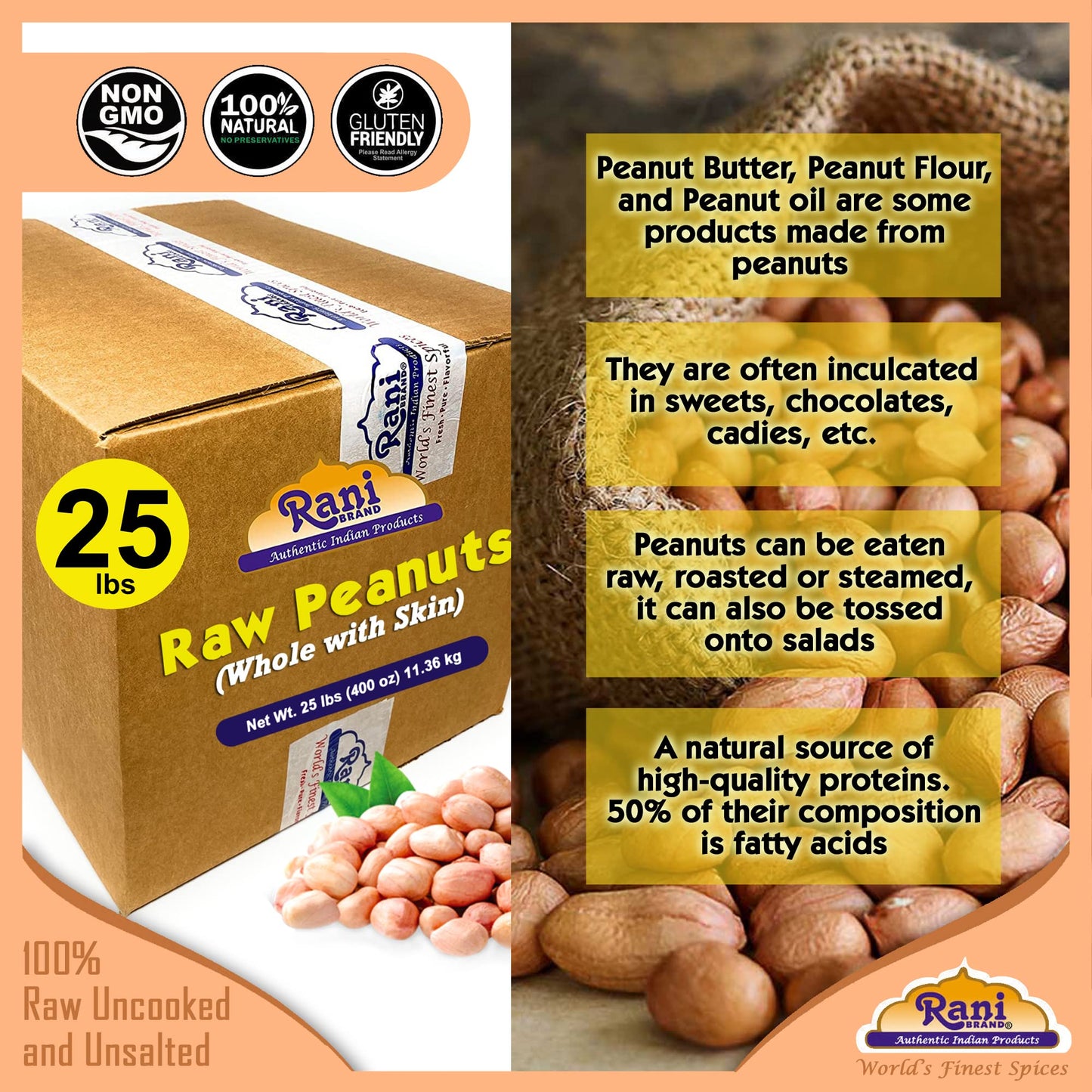 Rani Peanuts, Raw Whole With Skin (uncooked, unsalted) 25lbs (400oz) 11.36kg Bulk Box ~ All Natural | Vegan | Gluten Friendly |