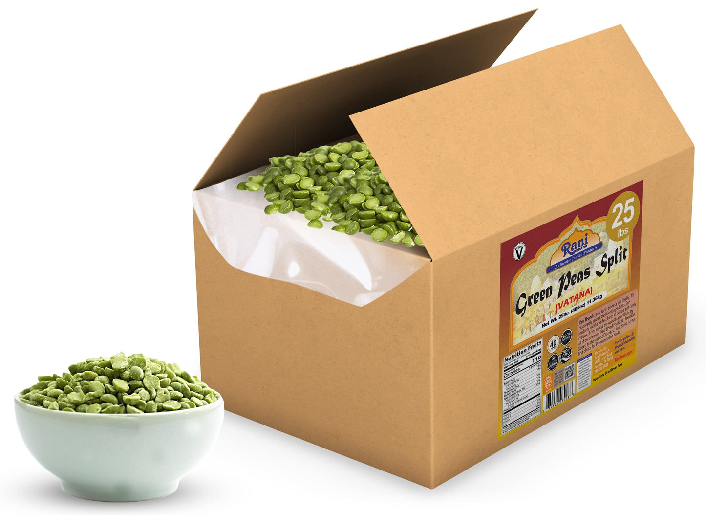 Rani Green Peas Split, Dried (Vatana, Matar) 400Oz (25Lbs) 11.36Kg Bulk Box ~ All Natural | Vegan | Gluten Friendly | Product Of