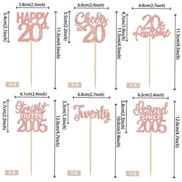 24Pcs Rose Gold Happy 20Th Birthday Cupcake Toppers Twenty Straight Outta 2005 Cupcake Picks Cheers To 20 Lengend Since 2005 Cak