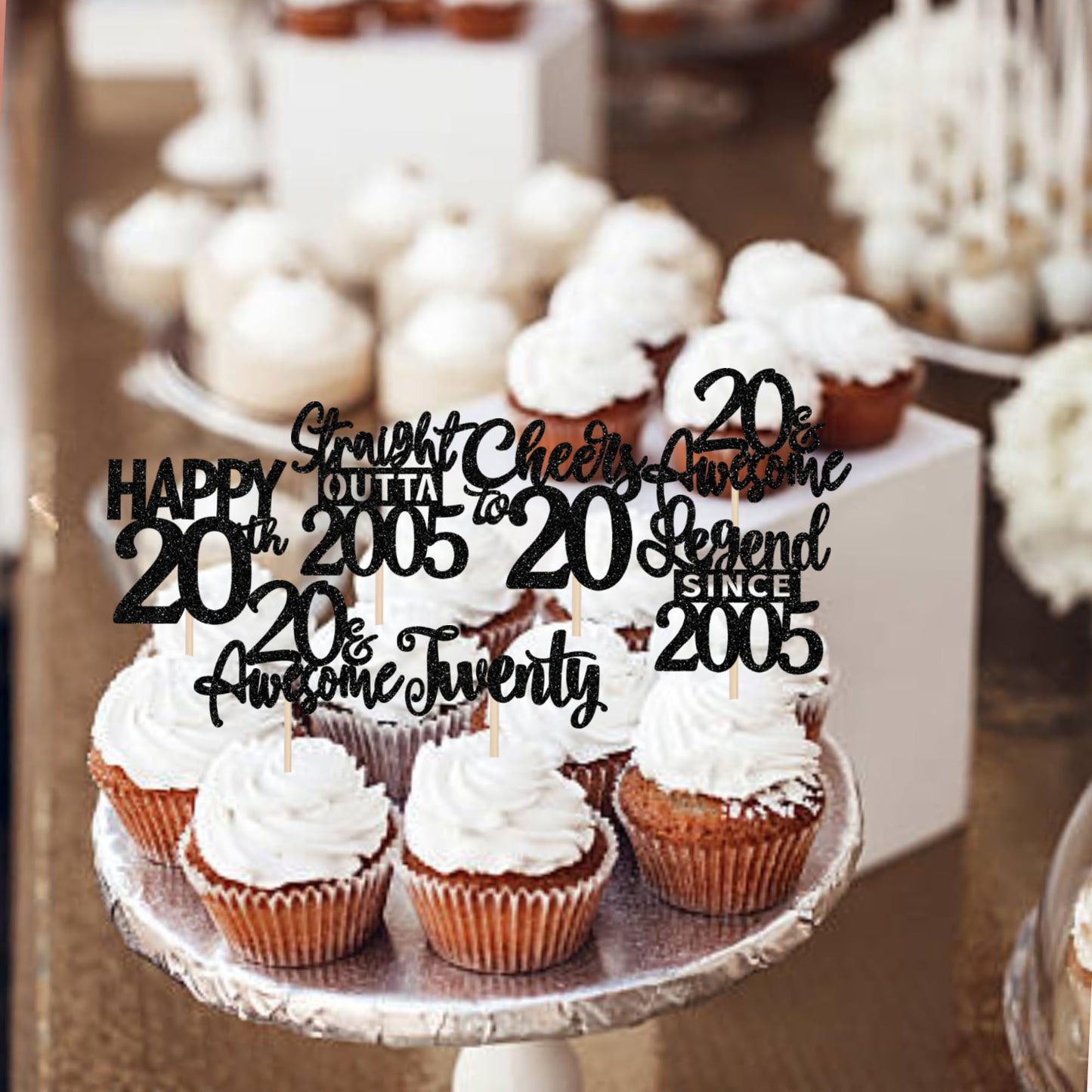24Pcs Black Happy 20Th Birthday Cupcake Toppers Twenty Straight Outta 2005 Cupcake Picks Cheers To 20 Lengend Since 2005 Cake De