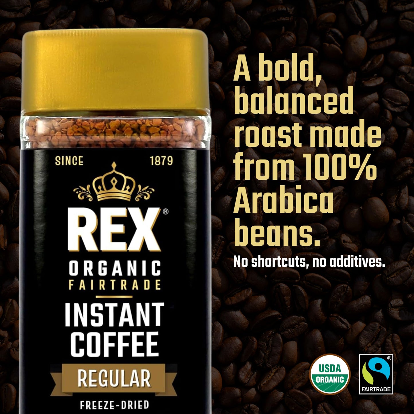 Rex Organic Fairtrade Freeze-Dried Instant Coffee - Medium Roast Arabica, 3.53 oz Glass Jar - USDA Organic & Fairtrade Certified