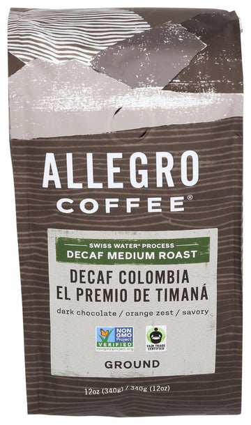 Allegro Coffee, Coffee Decaf Colombia El Premio De Timana Ground, 12 Ounce