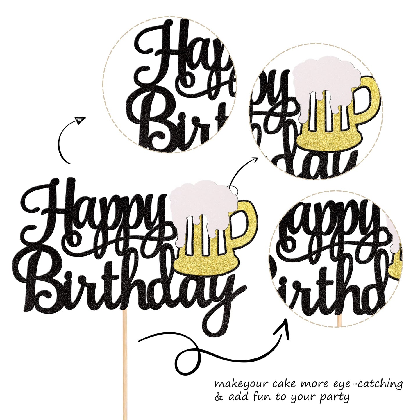 ZHUOWEISM malt-inspired Mug Cake Topper, Glitter Cheers Design, 6.0 x 8.7, Bamboo, Black