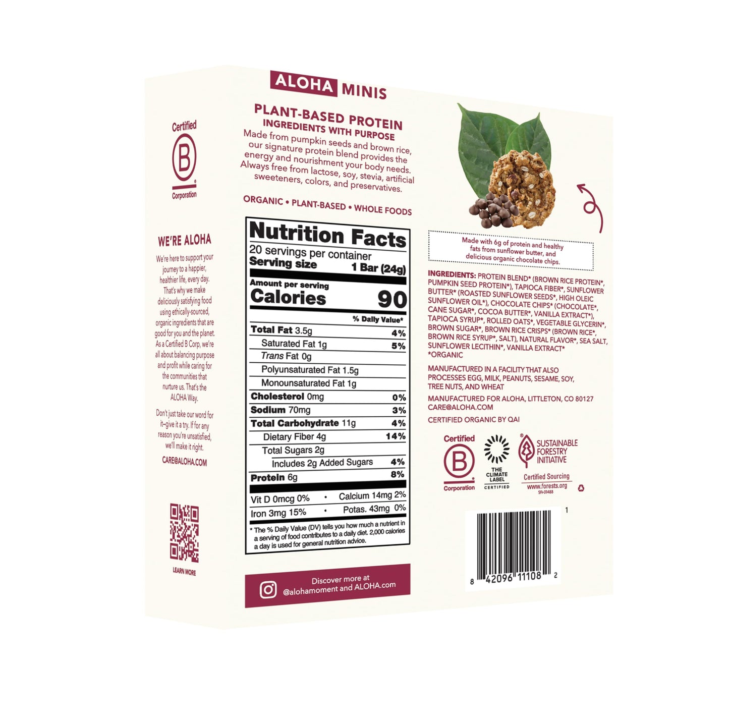 ALOHA Organic Plant Based Protein Bar MINIS | Oatmeal Chocolate Chip | 20 Count, 24g Bars | Vegan, Low Sugar, Gluten Free, Low C