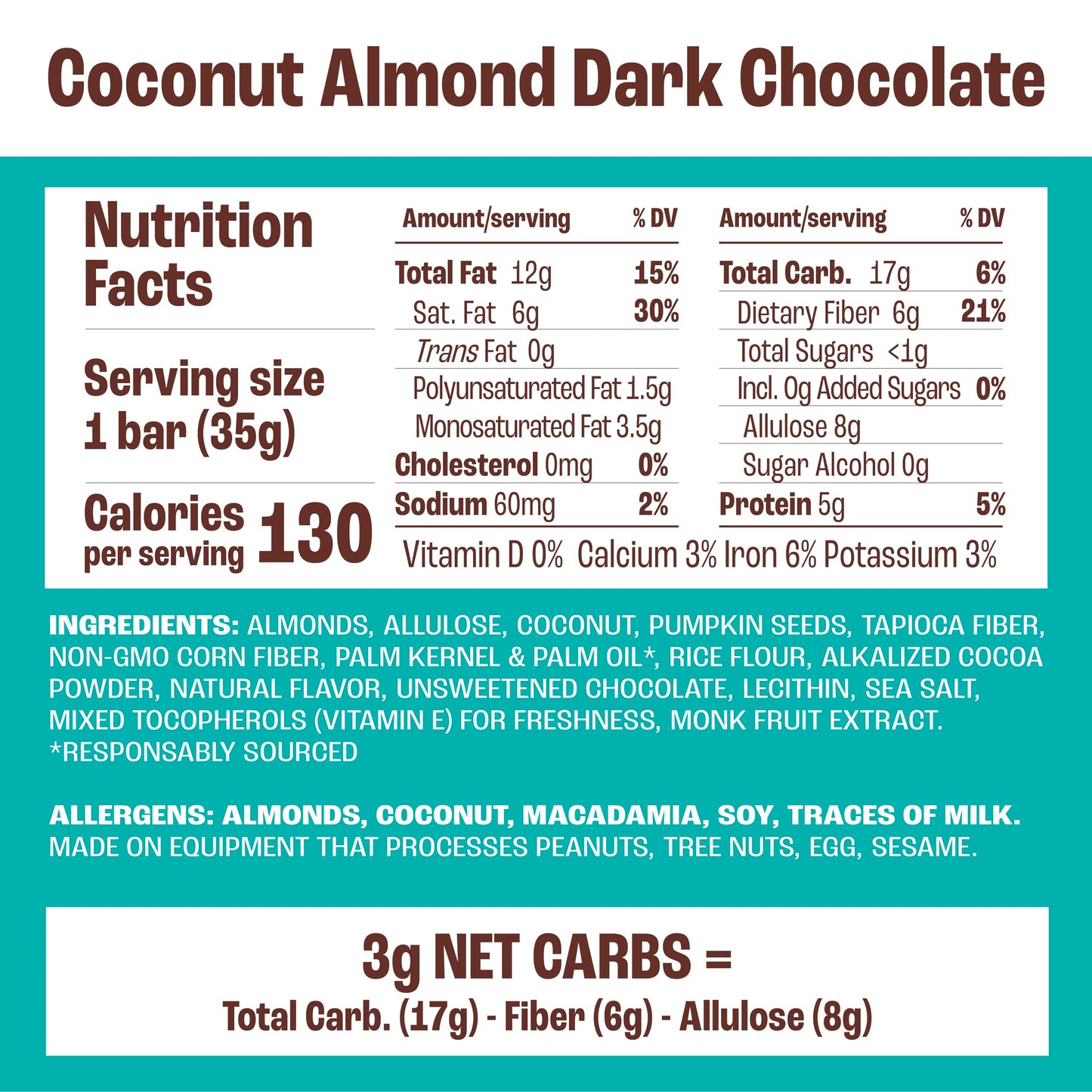 Munk Pack Nut & Seed Bar Coconut Almond Dark Chocolate, 1g Sugar, Low Carb, Gluten Free, 12 Count