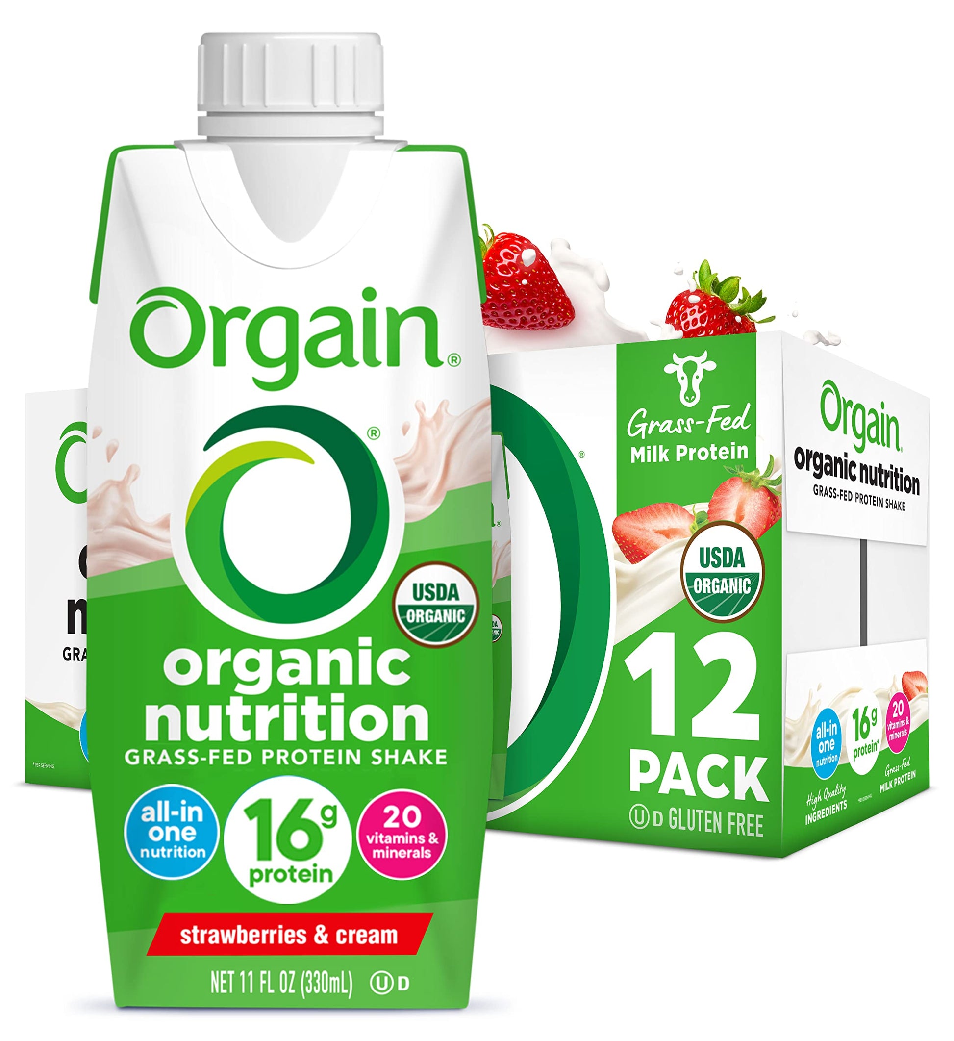 Orgain Organic Nutritional Protein Shake, Strawberries & Cream - 16G Grass Fed Whey Protein, Meal Replacement, 20 Vitamins & Min