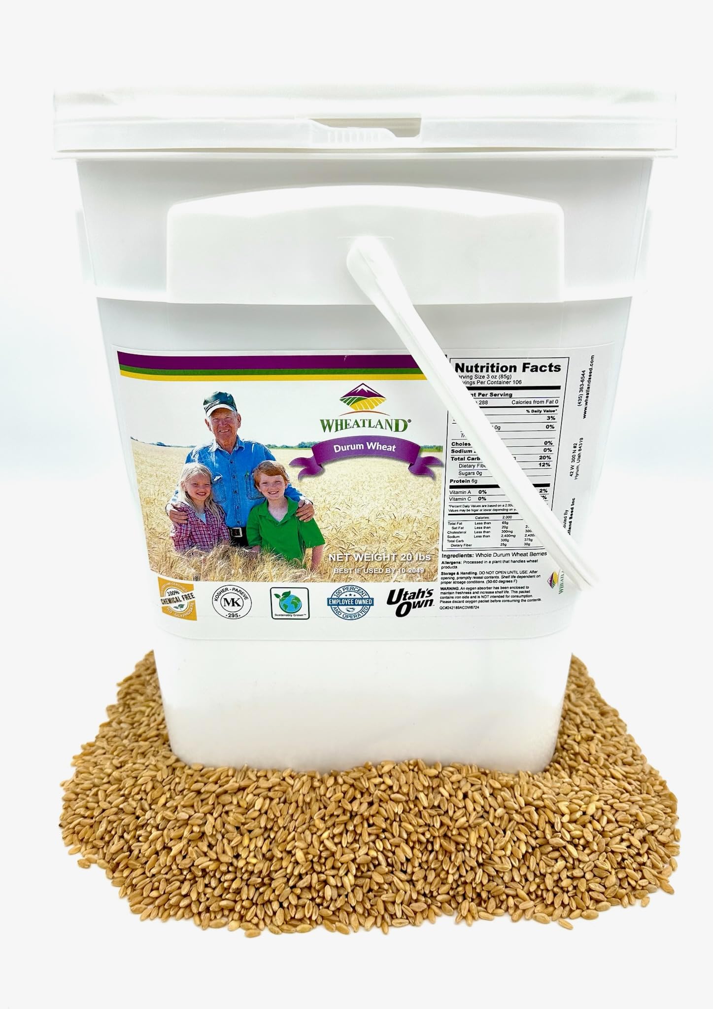 Durum Wheat Berries I Wheatland I 20lb Bucket I 25 Year Shelf Life I Tested Chemical Free I Non GMO I Kosher I Vegan I Mylar + 4