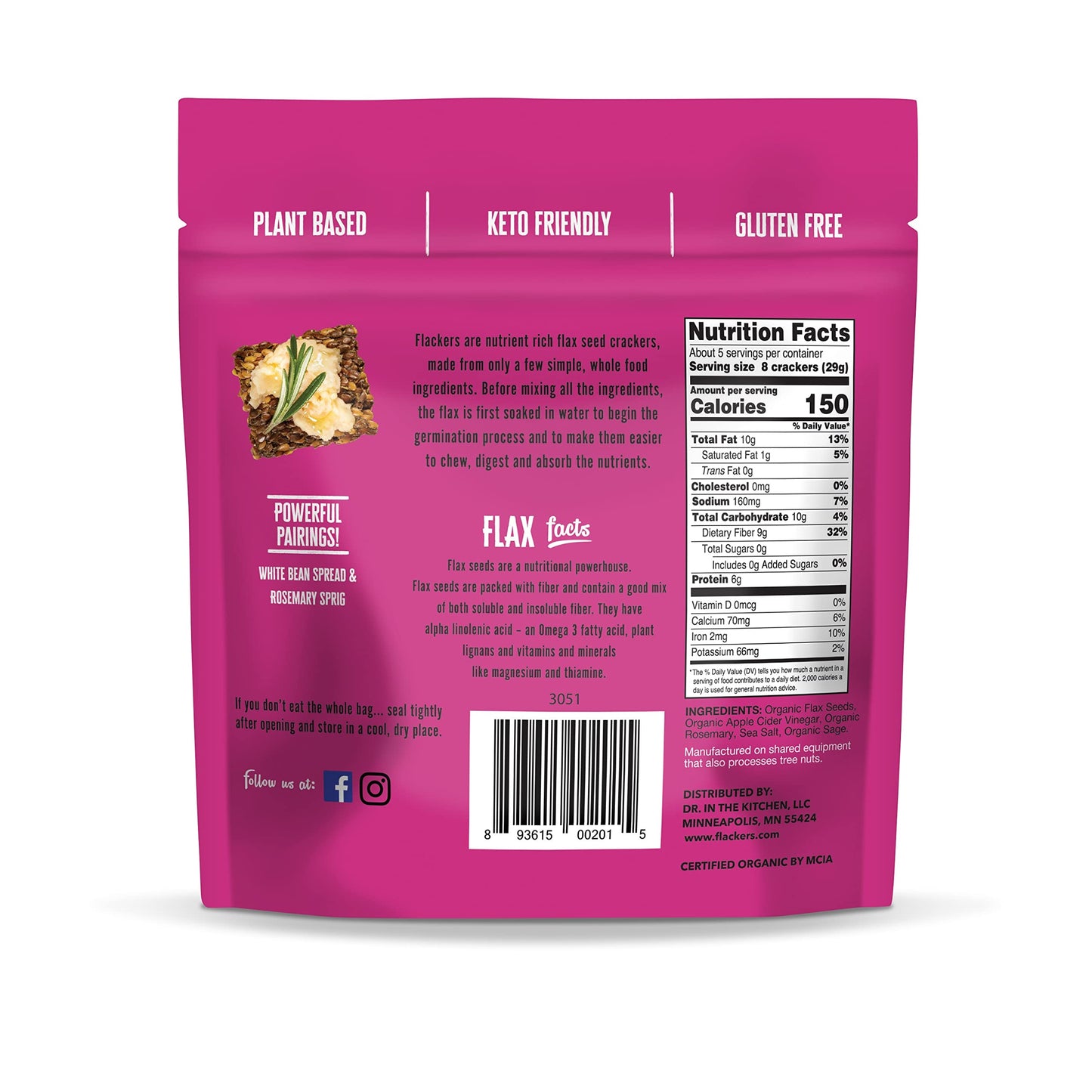 Flackers Organic Rosemary Flaxseed  Ers, 5 Ounce 6-Pack, Gluten Free, Non Gmo, Vegan, Keto Snack, 9 Grams Fiber, 1 Net Carb