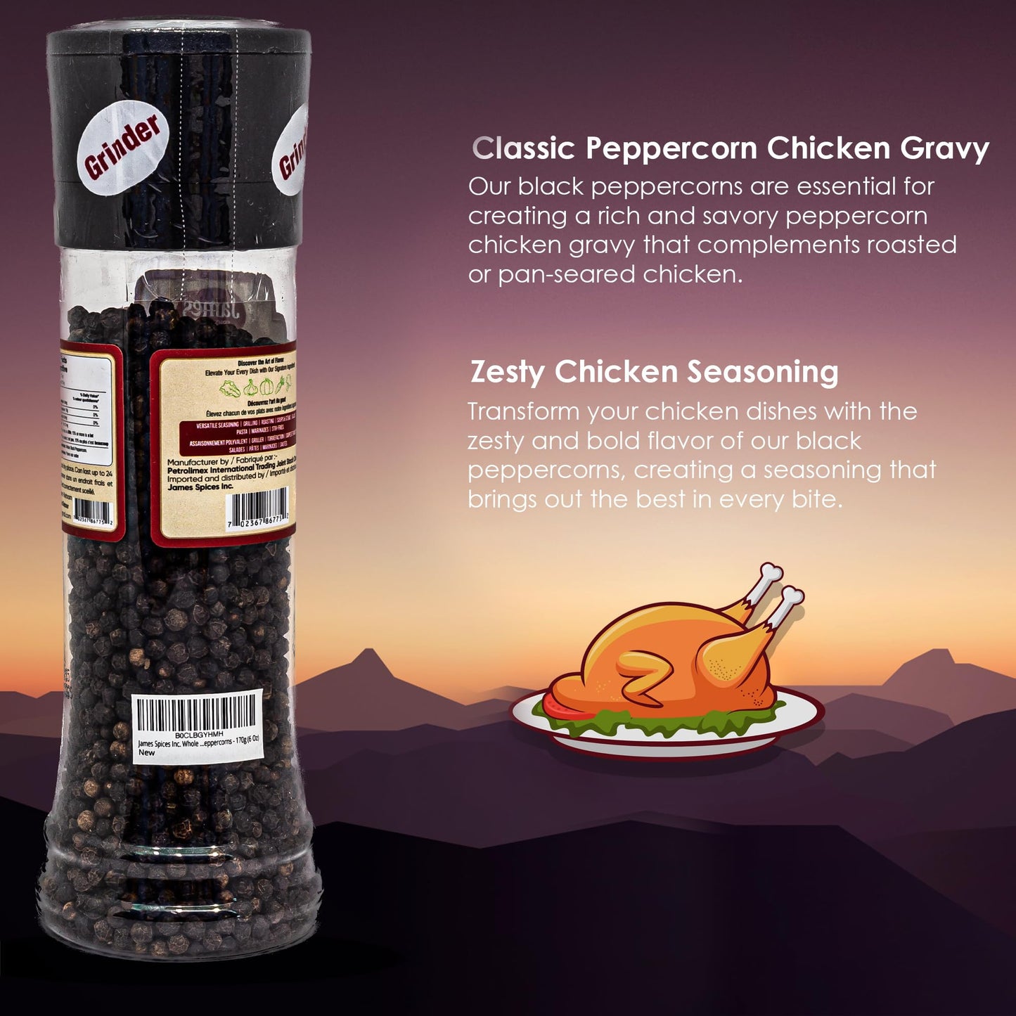 James Spices Inc. Black Pepper (Black Peppercorn With Grinder)