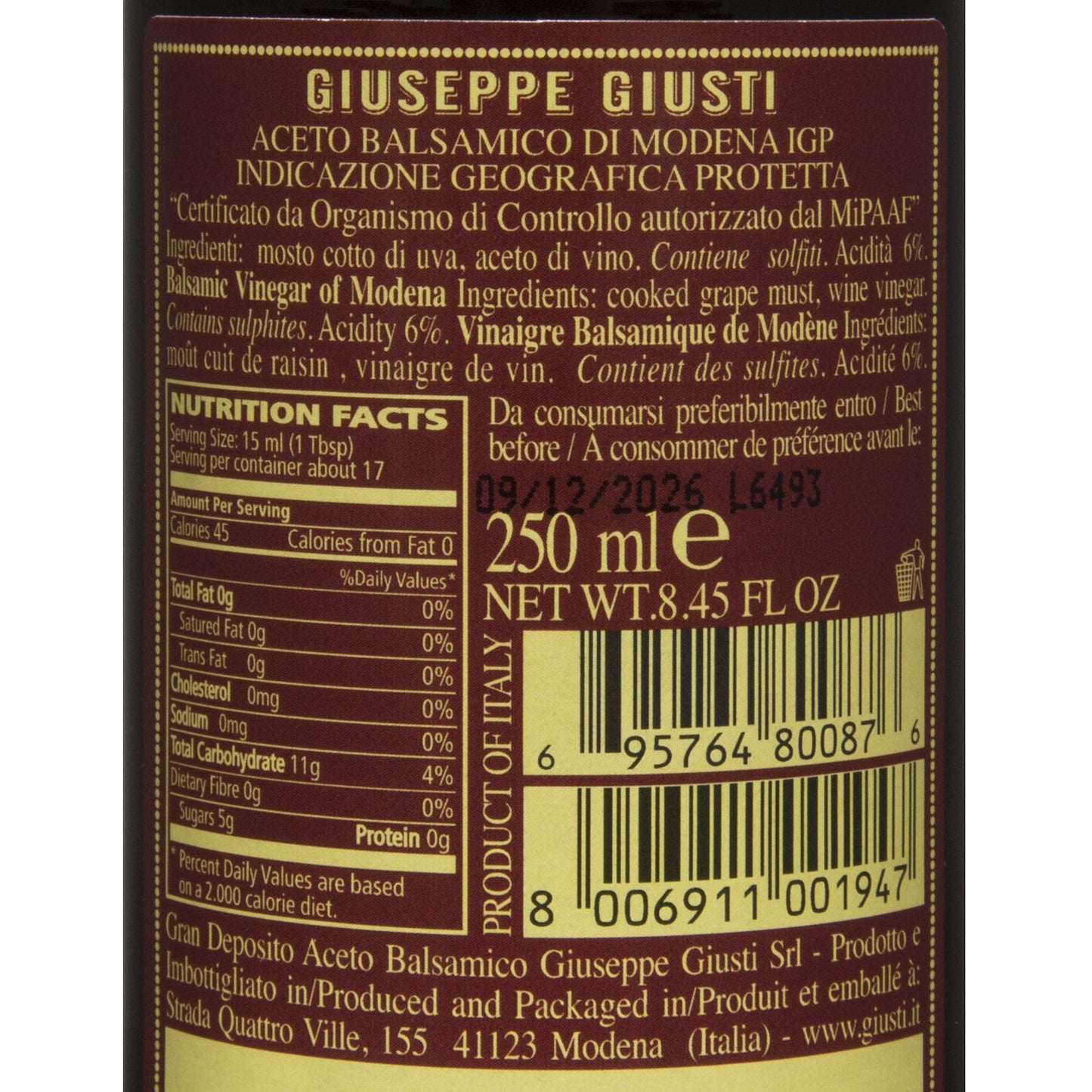 Giusti Balsamic Vinegar of Modena IGP, Matured & Thick, 8.45 Fl Oz, Black