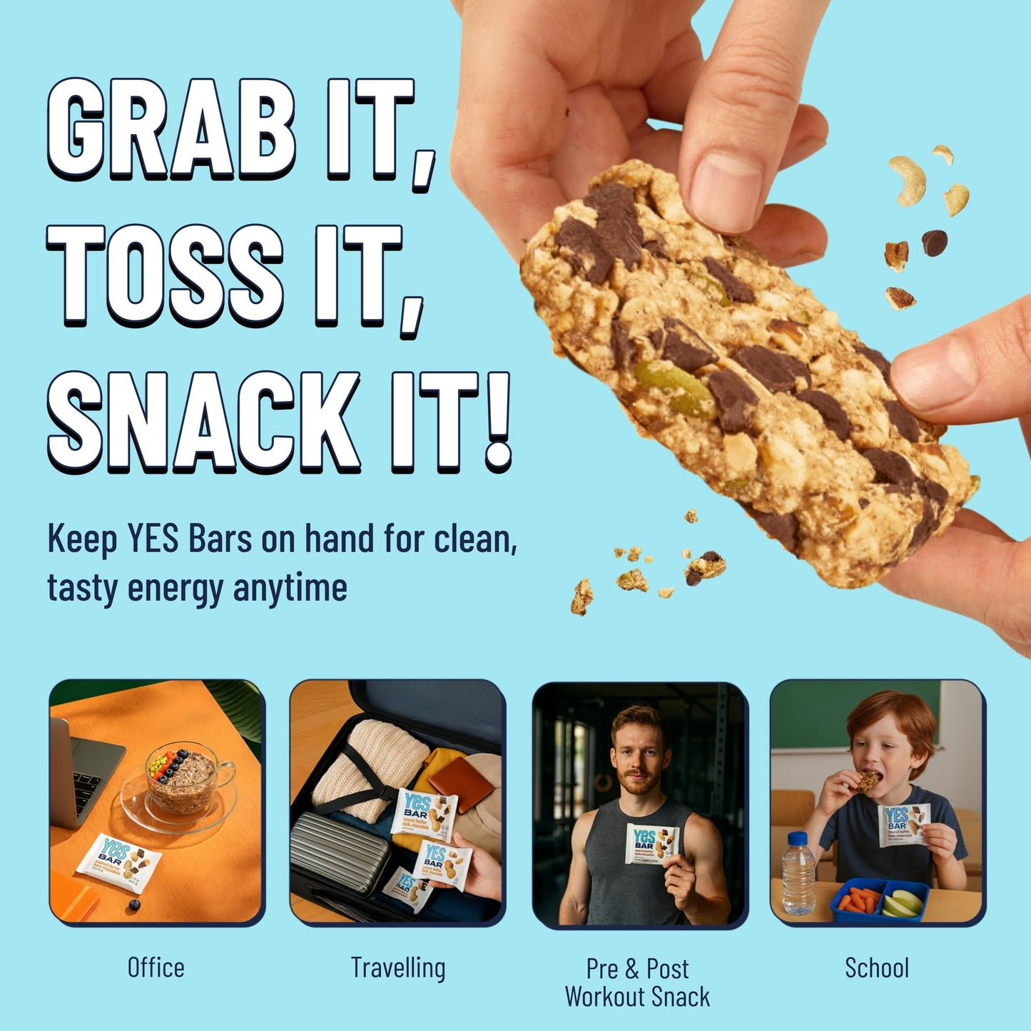 The YES Bar Dark Chocolate Chip Plant Based Protein Snack, Vegan, Gluten Free, Low Sugar, 6 Count Pack