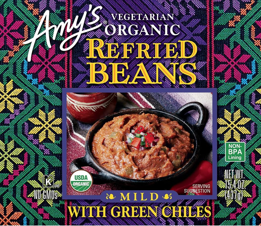 Amys Organic Refried Beans, Mild with Green Chiles, Vegan, Gluten Free, 15.4 Oz, Pack of 12