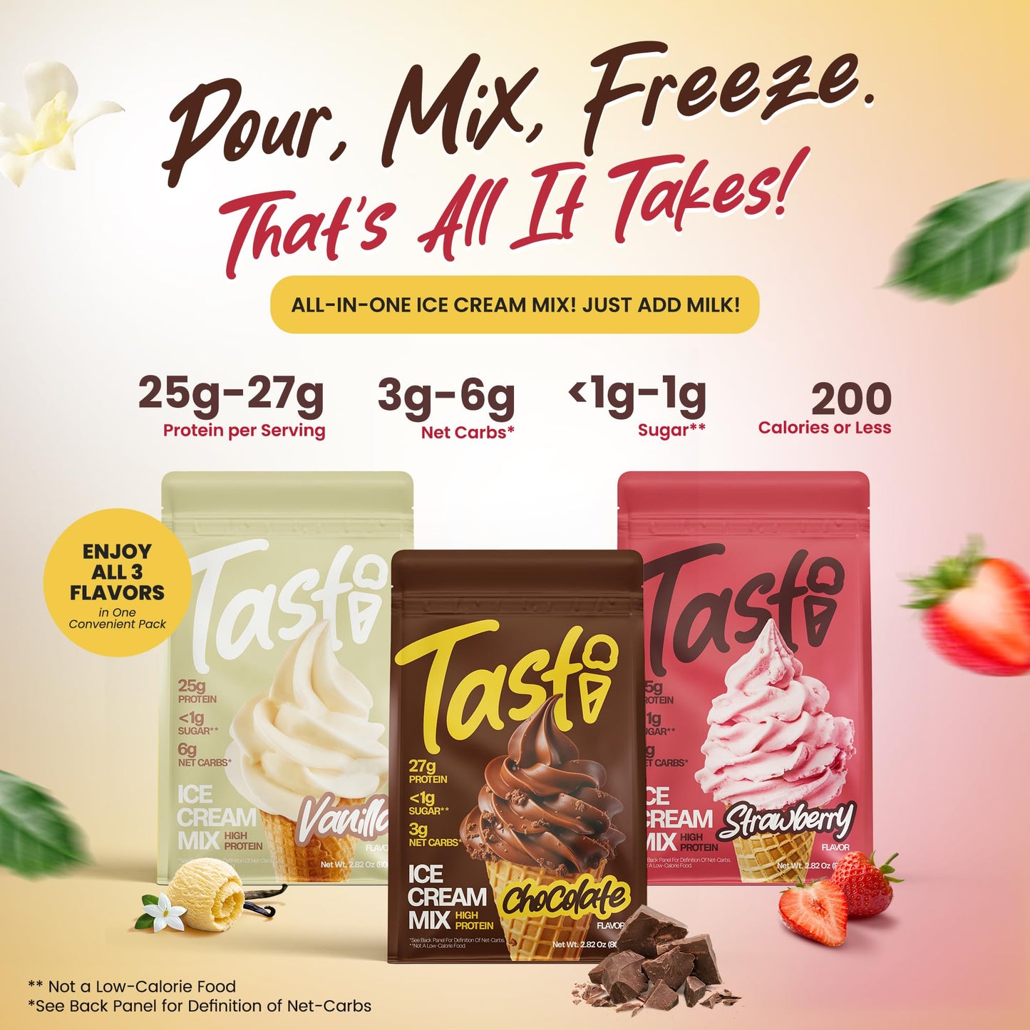 TASTI High-Protein Ice Cream Mix - Chocolate  Vanilla  & Strawberry Low Sugar Ice Cream Powder - Made for Ninja Creami  Soft Serve Mix with