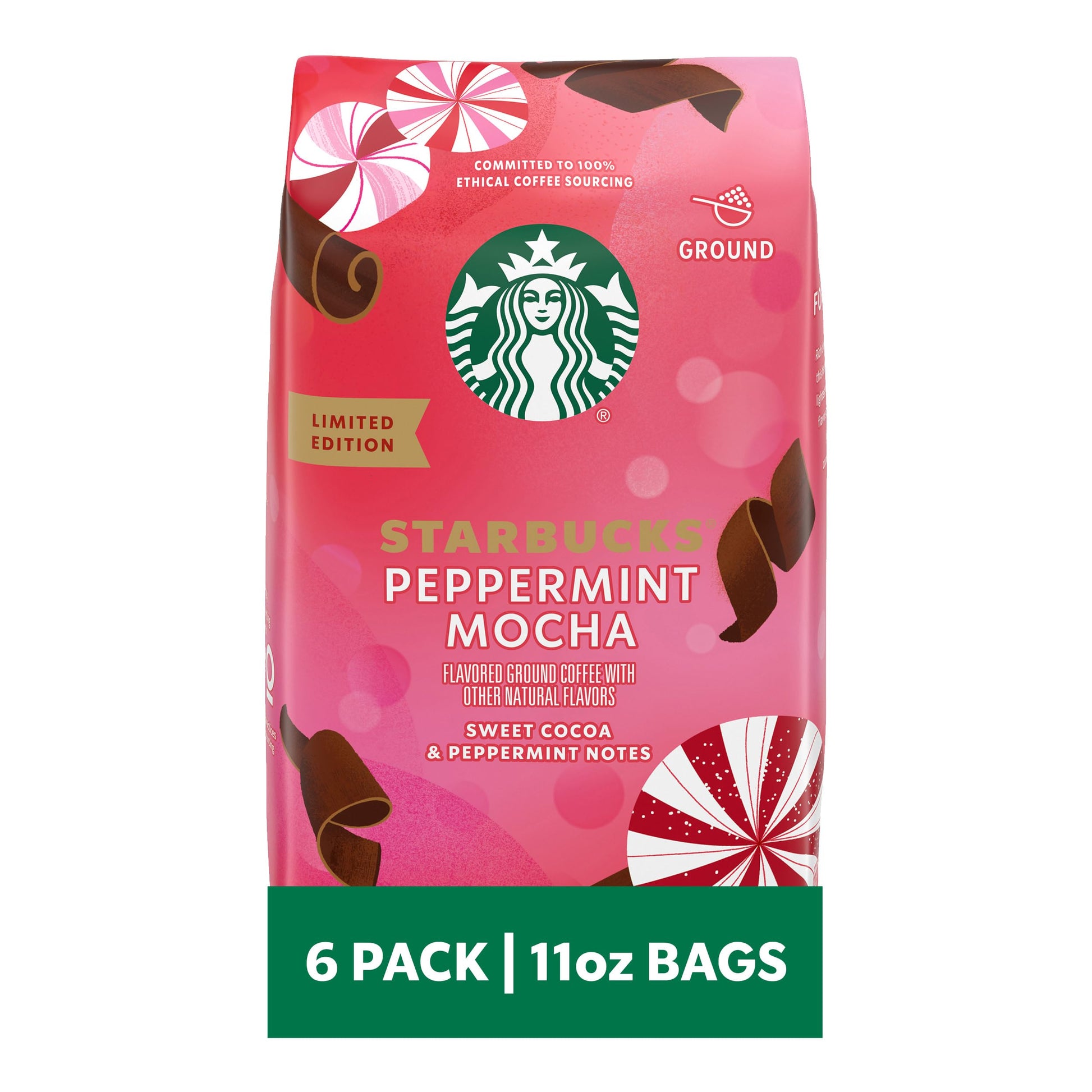 Starbucks Ground Coffee Peppermint Mocha 100% Arabica Limited Edition 6 Bags 11 Oz Each