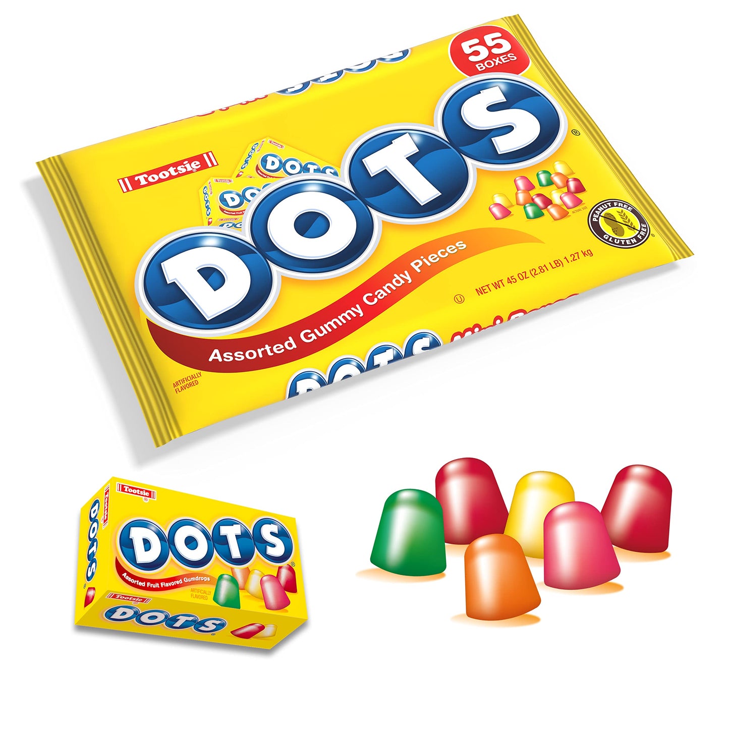 Tootsie Roll DOTS Gummy Candy, Original Flavors, Gluten Free, 55 Count Mini Boxes, Cherry, Lime, Orange, Lemon, Strawberry