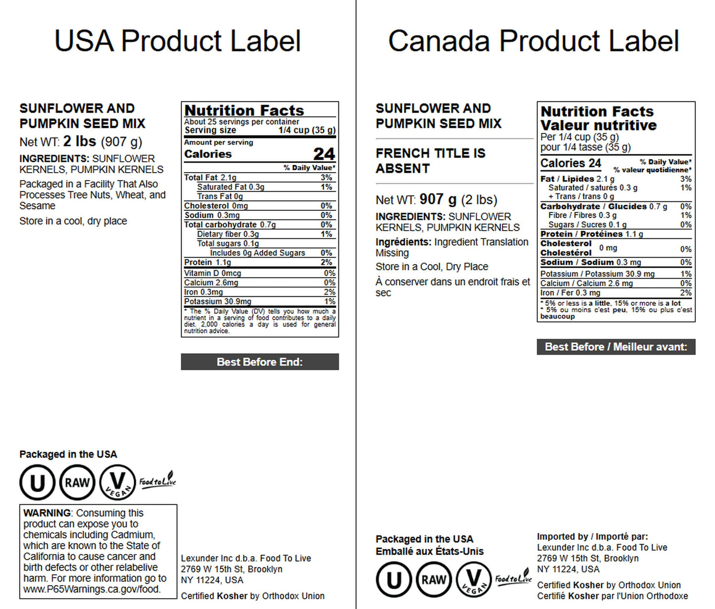 Food to Live Sunflower and Pumpkin Seed Mix, 2 Pounds - Natural Snack, Rich in Protein, Perfect for Snacking, Baking and Salads,