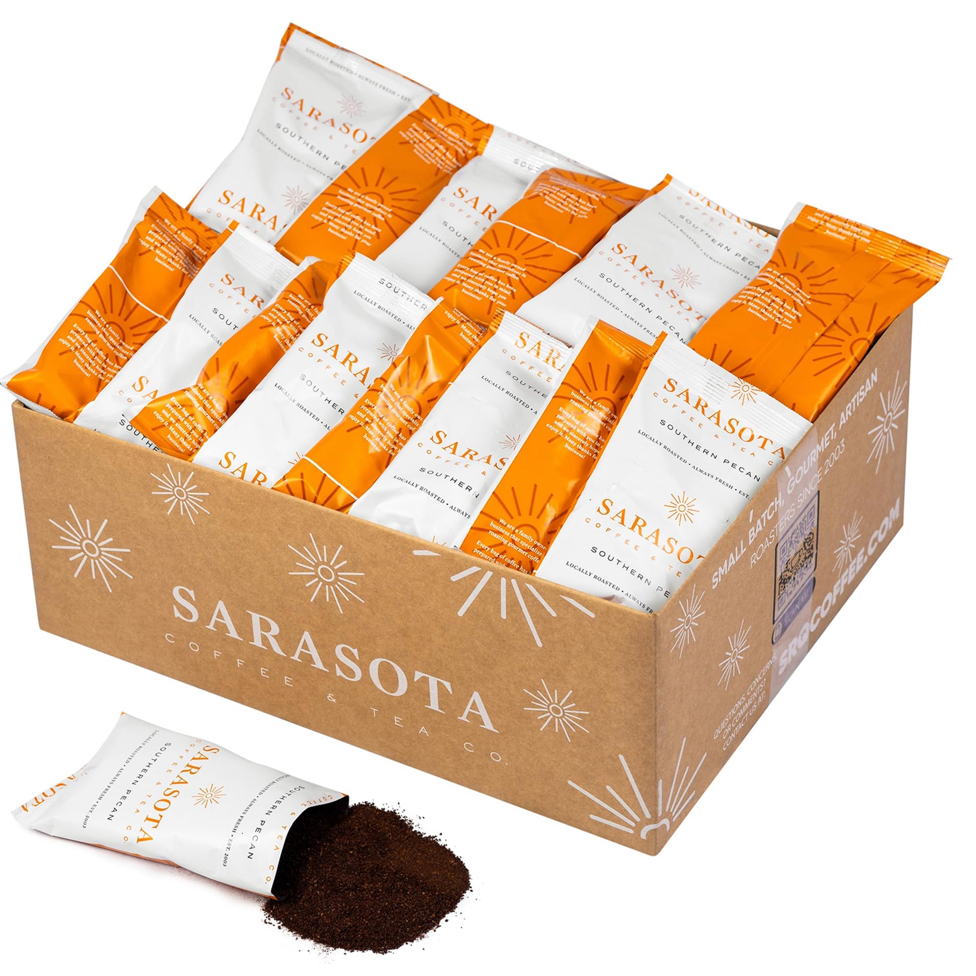 SARASOTA COFFEE Pre Ground Coffee Packets, Southern Pecan Medium Roast, Bulk 2 oz Bags, Pack of 36