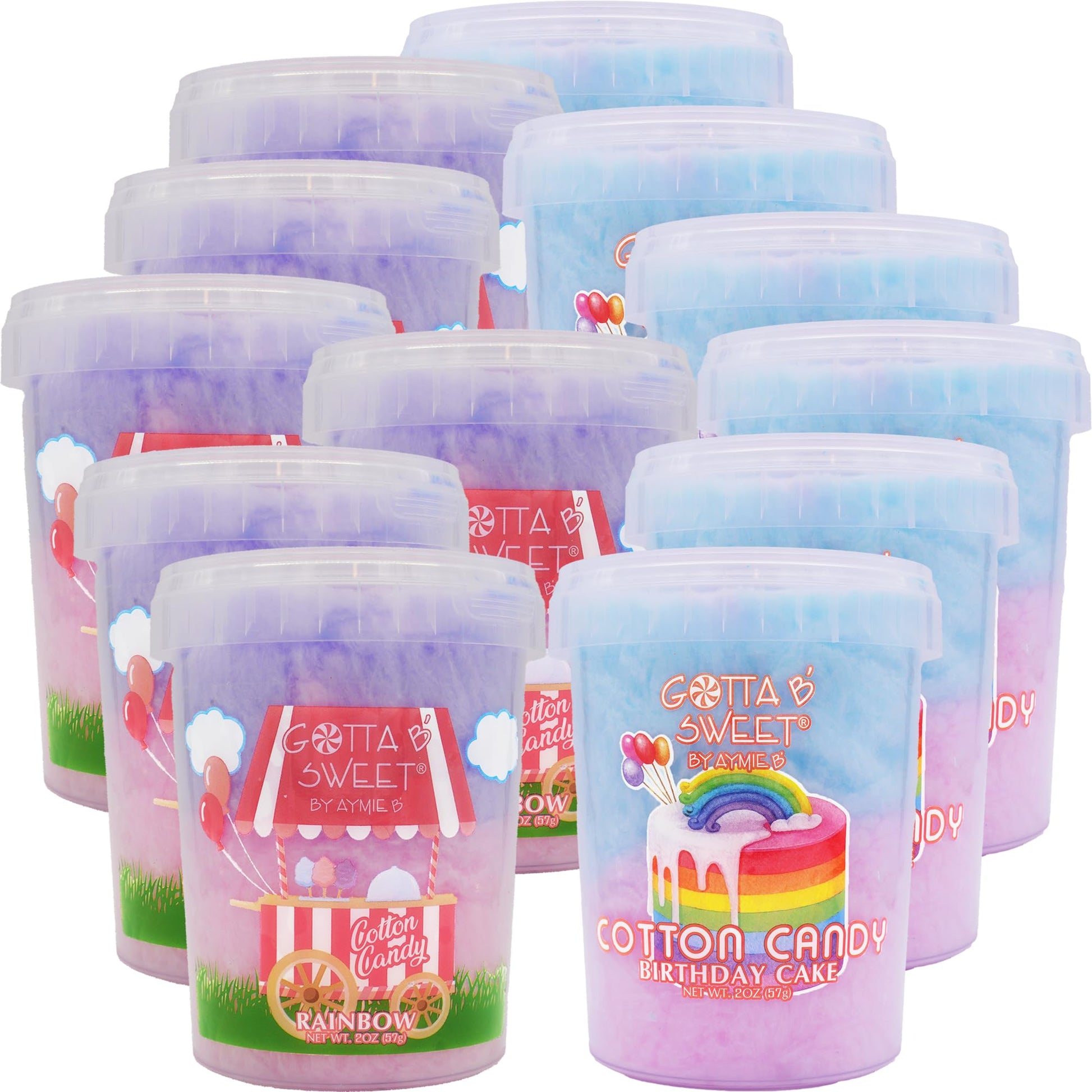 Gotta B Sweet Cotton Candy Variety Pack - Rainbow And Birthday Cake - 2 Oz (Pack Of 12) - Blue  Pink  Purple And White - Bulk Birthday Party Treats For Kids