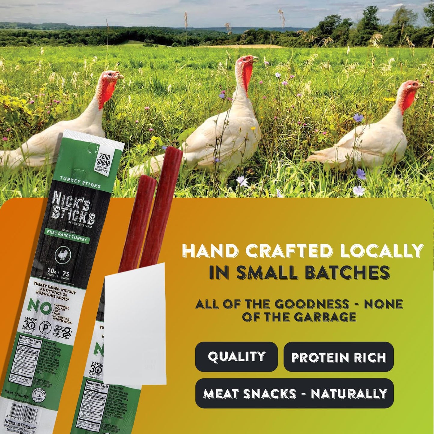 Nick'S Sticks | Free Range Turkey Snack Sticks | Made In The Usa | Gluten Free | Paleo, Keto, Whole30 Approved | No Soy, Antibio