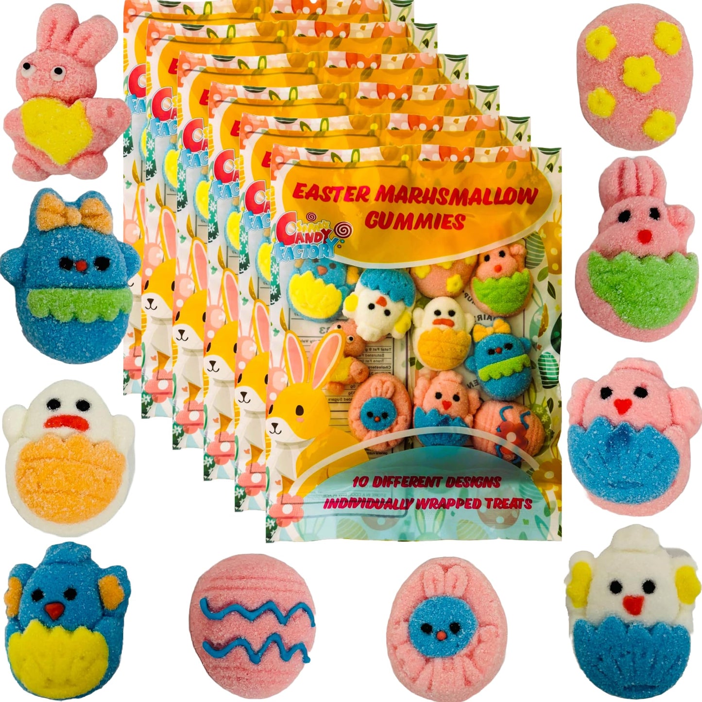 Easter Marshmallow Gummies - 10 Fun Designs, 6-Pack, Total 60 Individually Wrapped Gummies - Gluten-Free & Dairy-Free, Perfect F