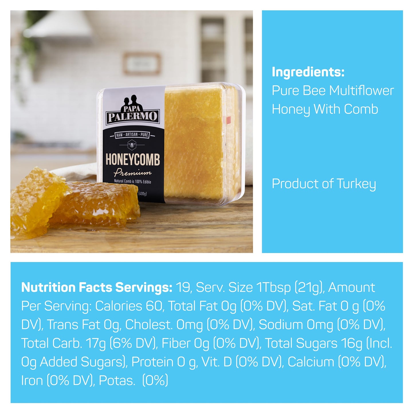 Papa Palermo Honeycomb 100% Edible, All-Natural, Gourmet Raw Honeycomb, No Additives, No Preservatives - 14 Oz